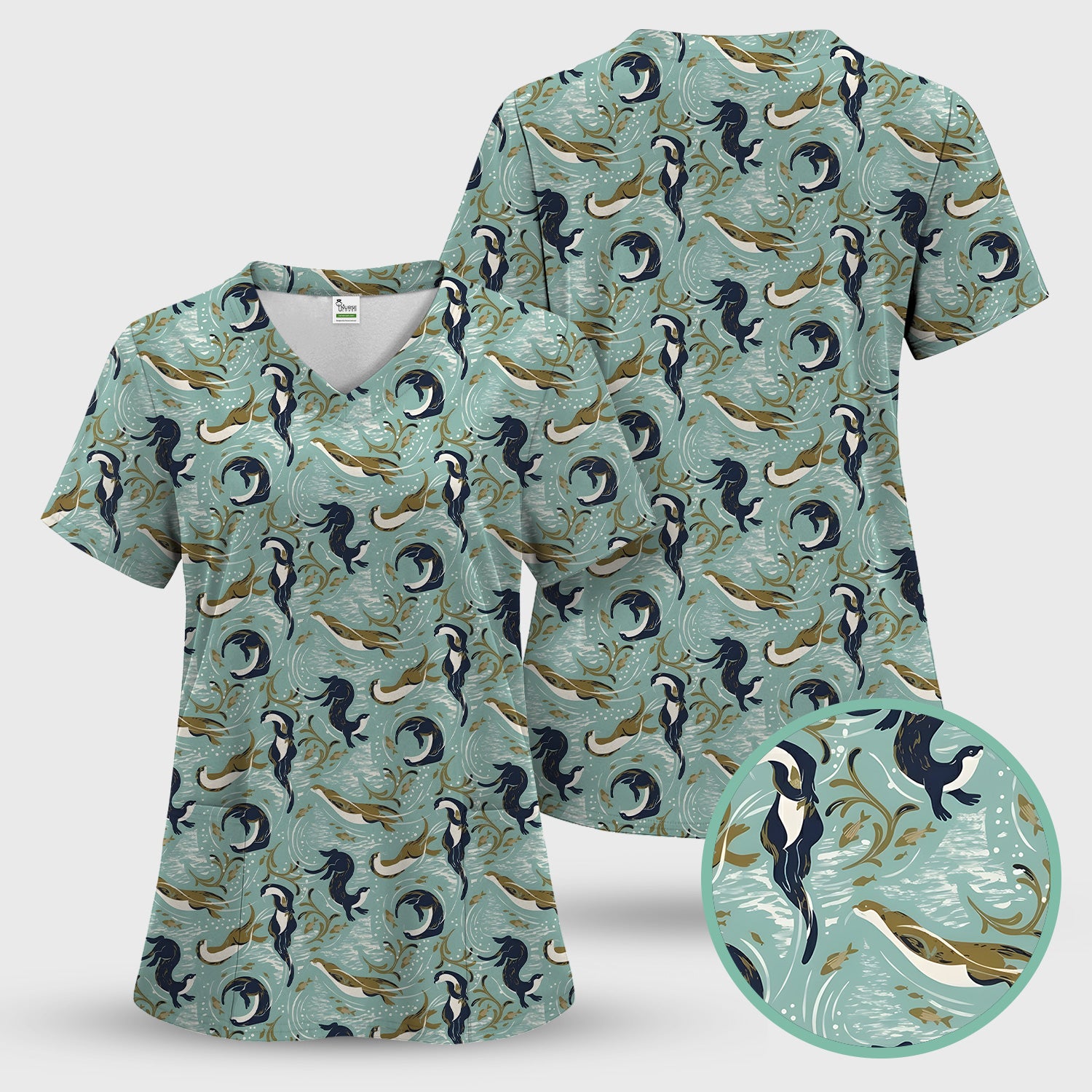Sea Otter Ocean Wave Coastal Pattern Scrub Top, Comfortable Scrubs for Nurses