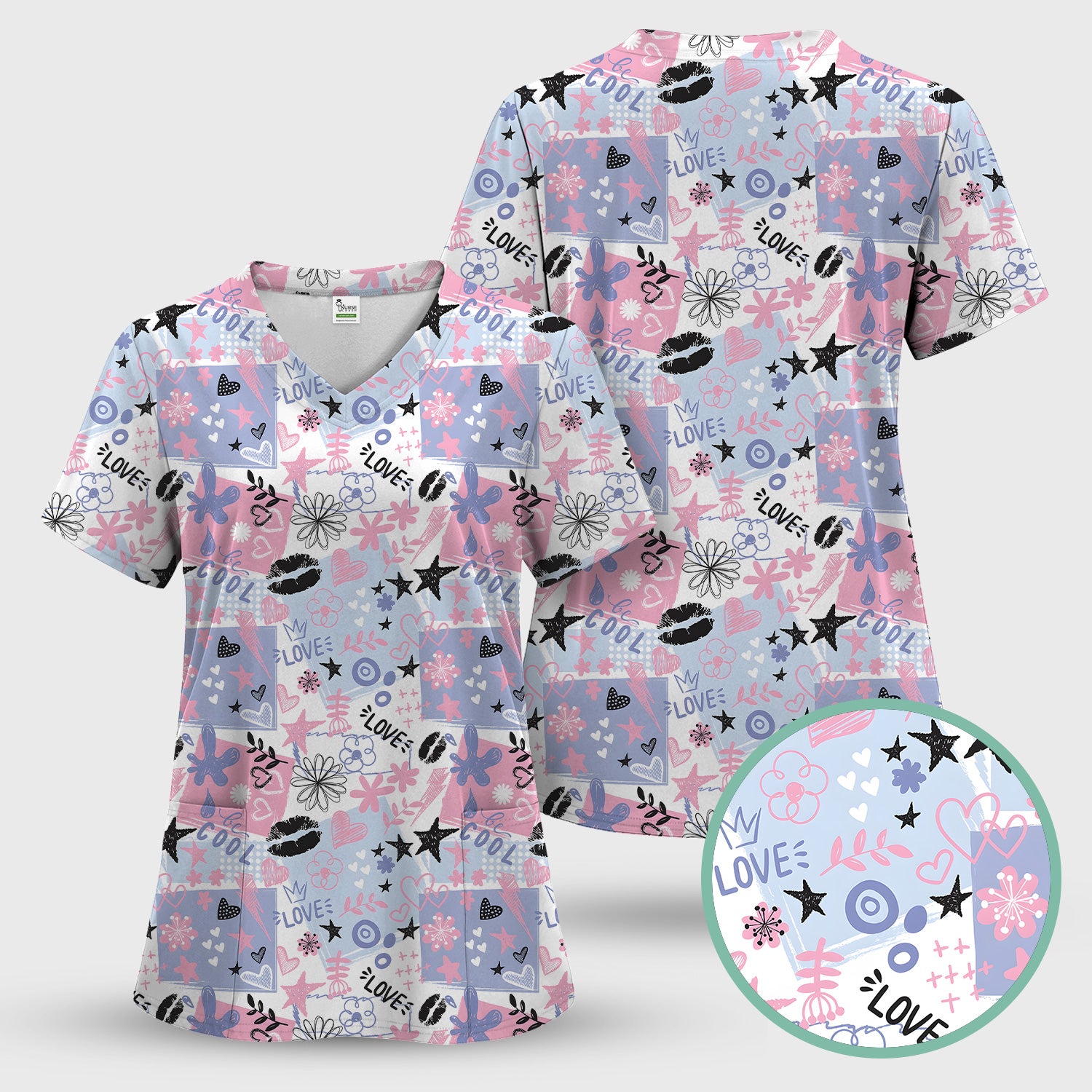 Cute Love Hearts Doodle Print Scrub Top, Comfortable Scrubs for Nurses