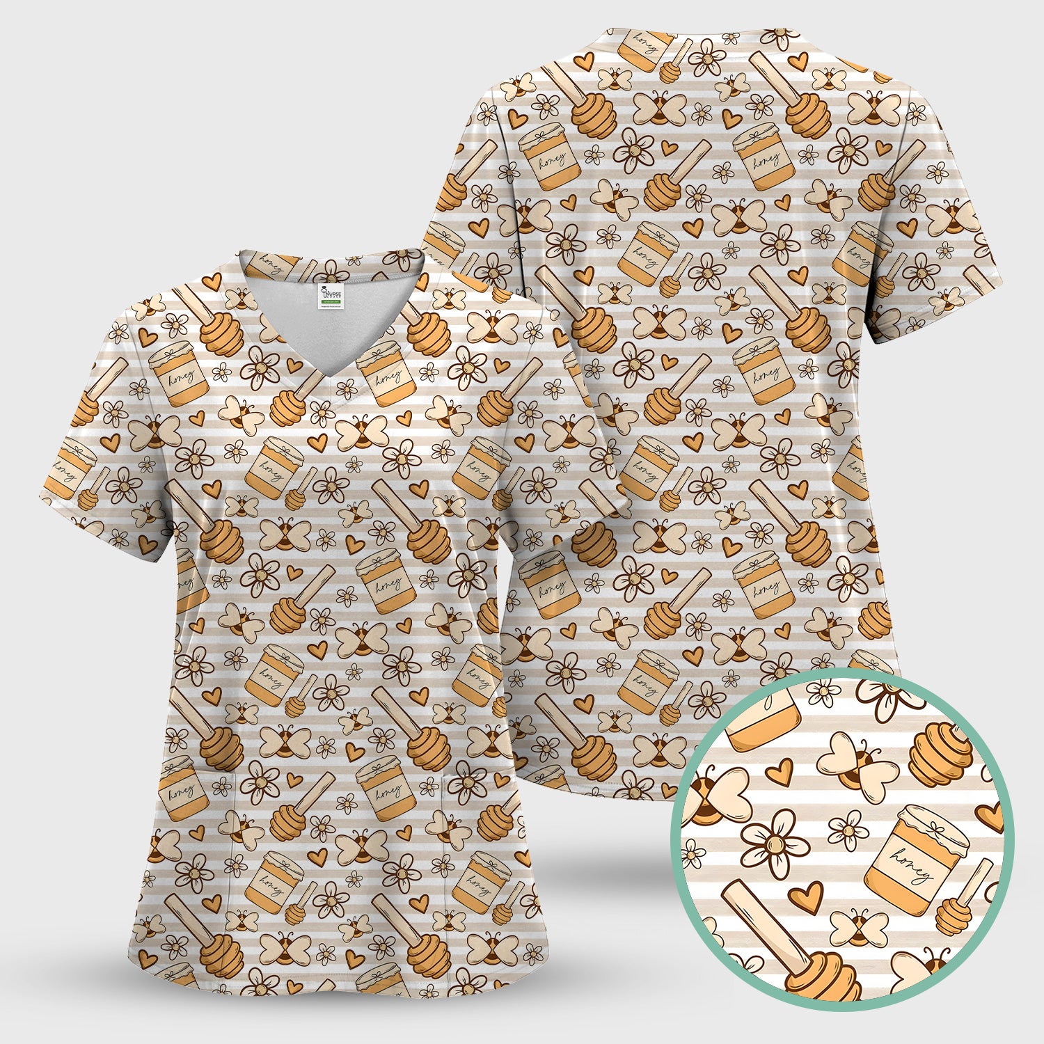Honey Jar With Daisy Flower Pattern Scrub Set, Scrub Pants and V Neck Top