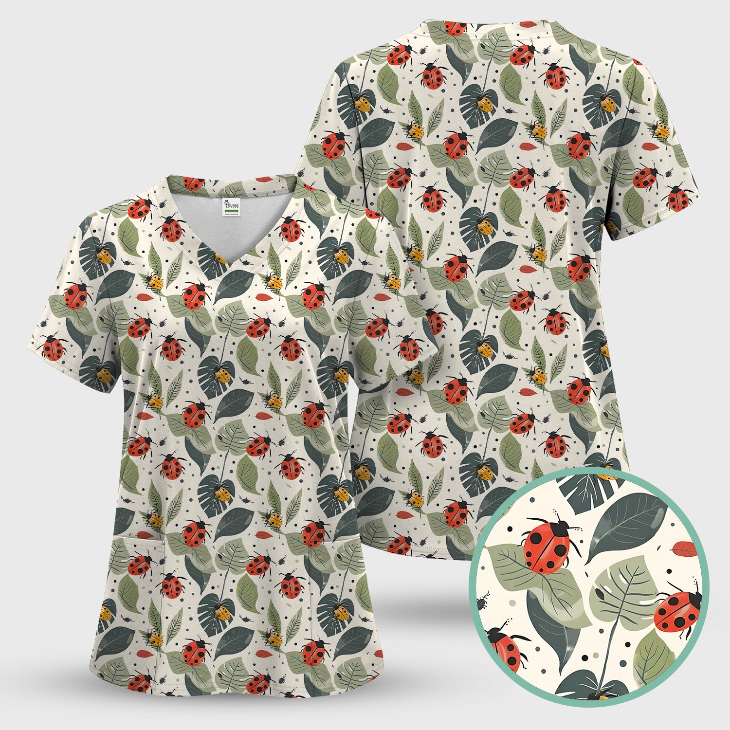 Cute Ladybug Leaf Nature Pattern Scrub Top, Comfortable Scrubs for Nurses