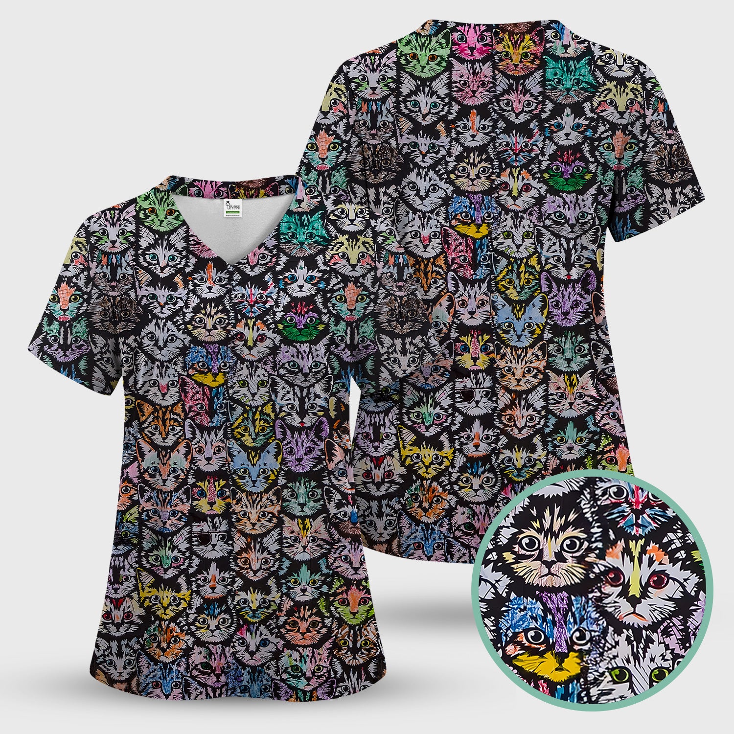 Colorful Cat Faces Pattern Scrub Set, Artistic Kitty Portrait Print, Scrub Pants and V Neck Top