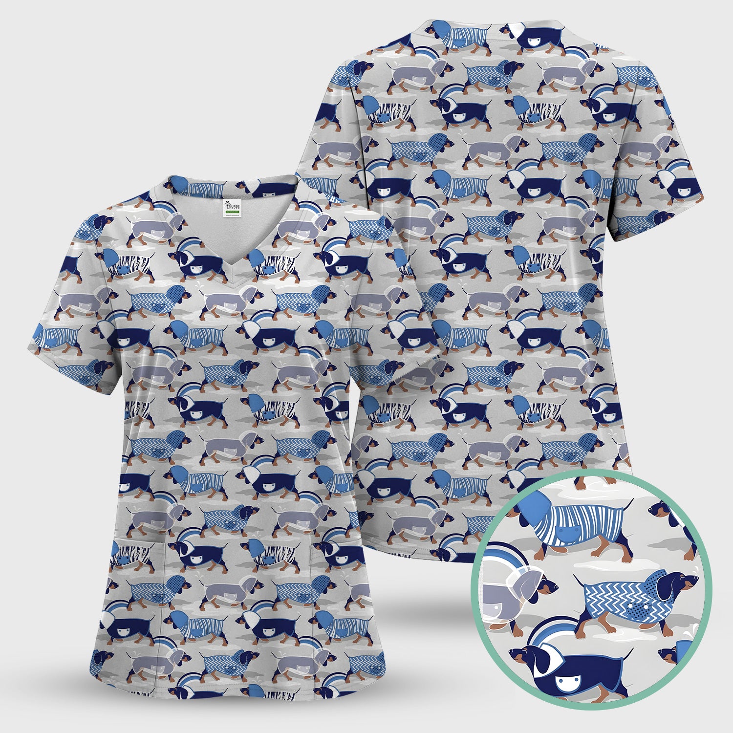 Cute Dachshund Raincoat Parade Pattern Scrub Set, Scrub Pants and V Neck Top