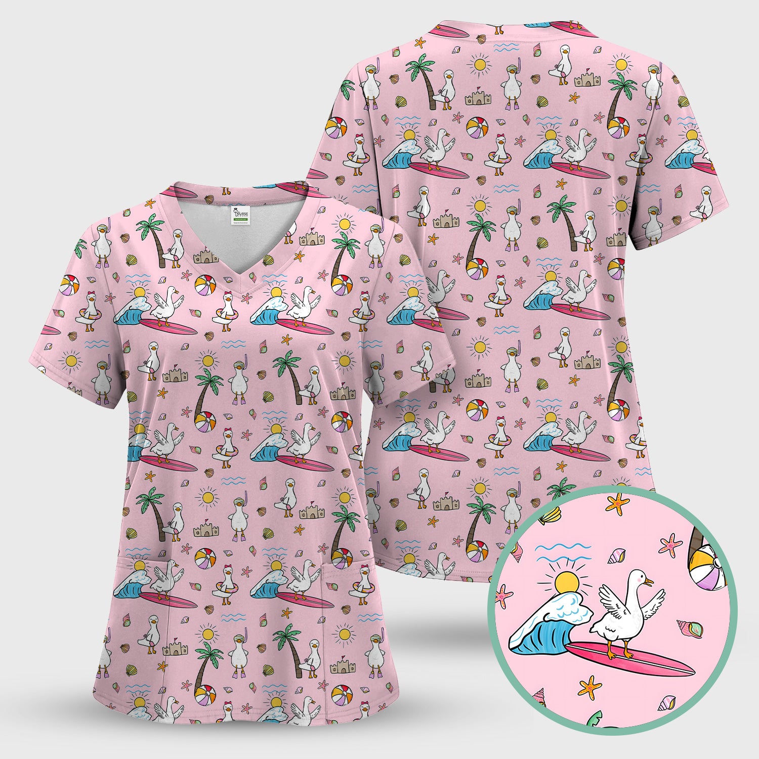 Cute Nurse Seagull Surfboard Beach Palm Tree Pattern Scrub Set, Scrub Pants and V Neck Top