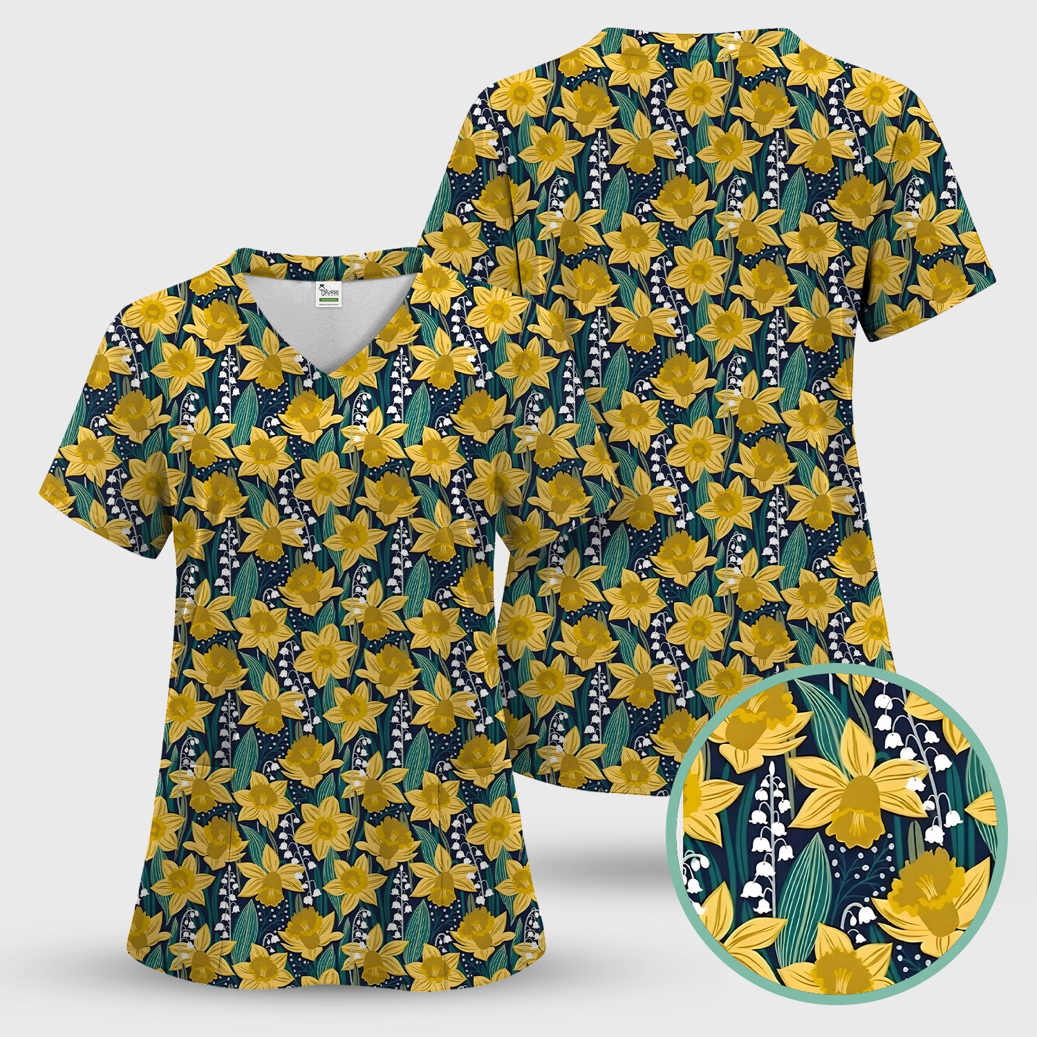 Yellow Daffodil Lily Valley Pattern Scrub Top, Comfortable Scrubs for Nurses