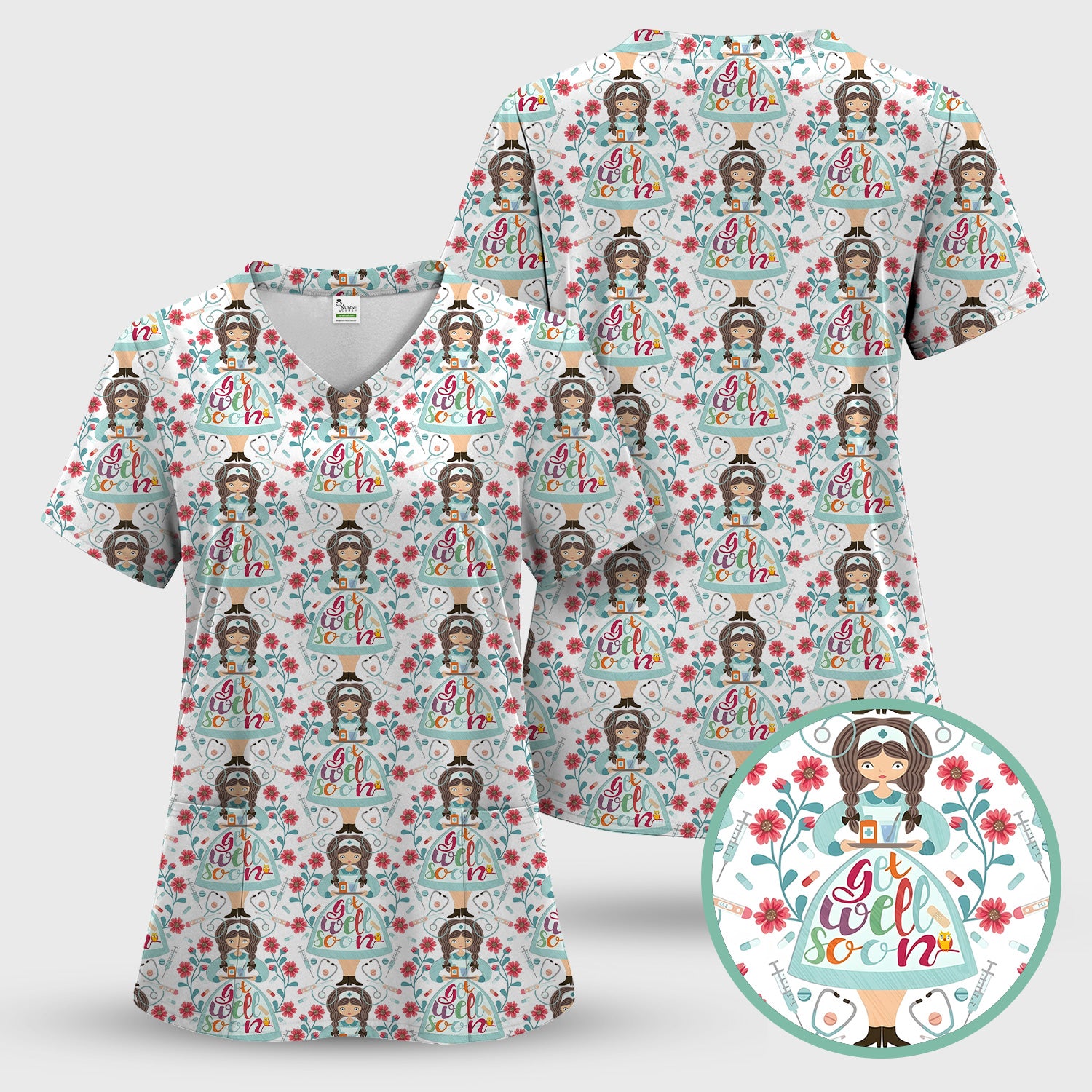 Get Well Soon Girl Floral Caring Pattern Scrub Set, Scrub Pants and V Neck Top