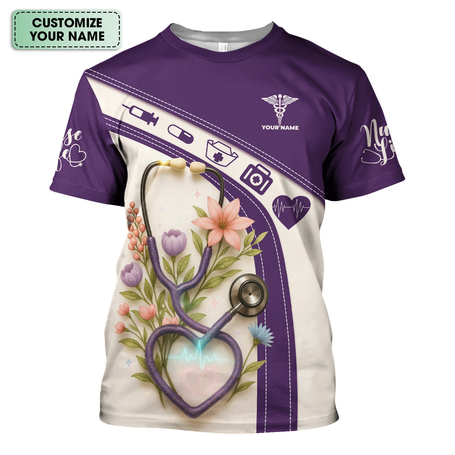 Custom Floral Scrub Top for Nurses - Heartbeat Stethoscope Purple Shirt - Personalized Medical Uniform Gift for RN CNA LPN