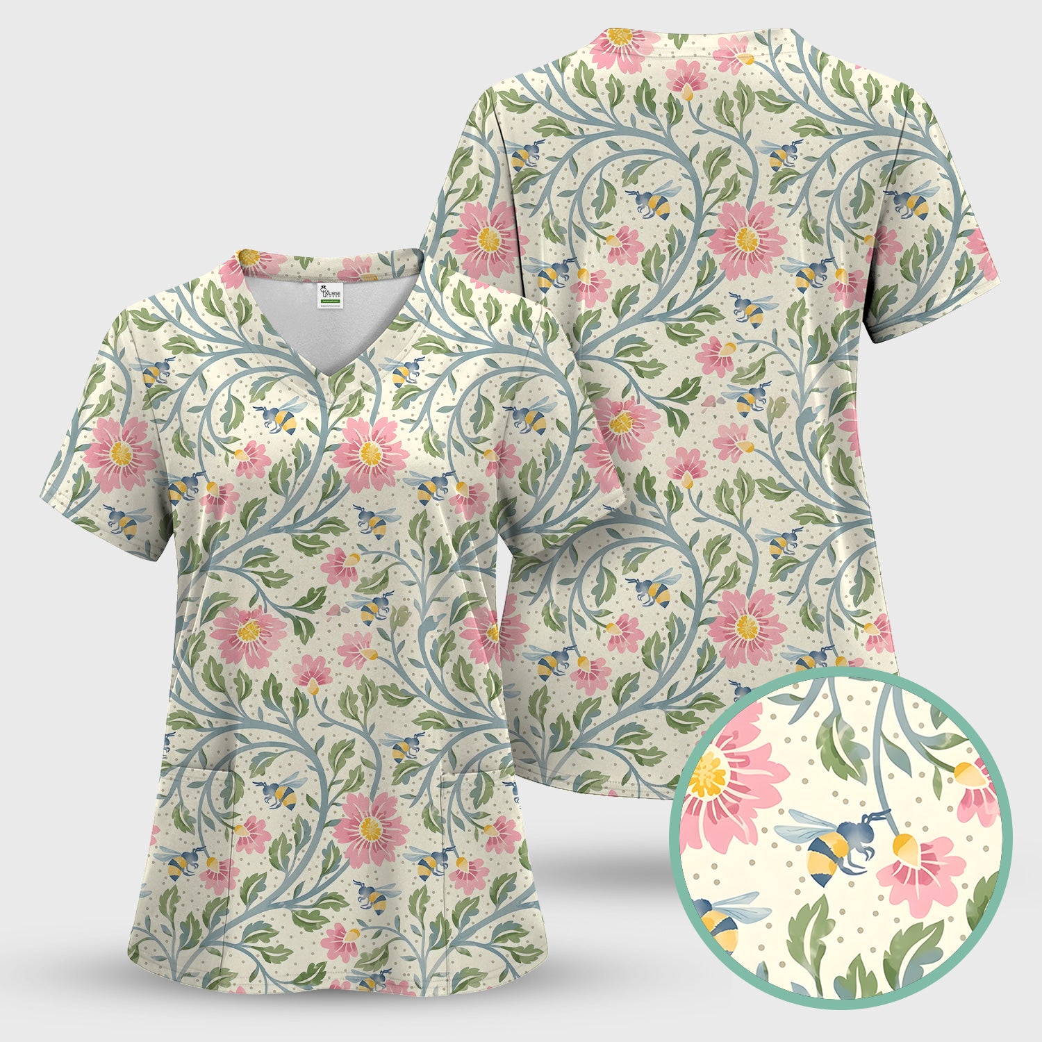 Cute Floral Bee Garden Nurse Pattern Scrub Top, Comfortable Scrubs for Nurses