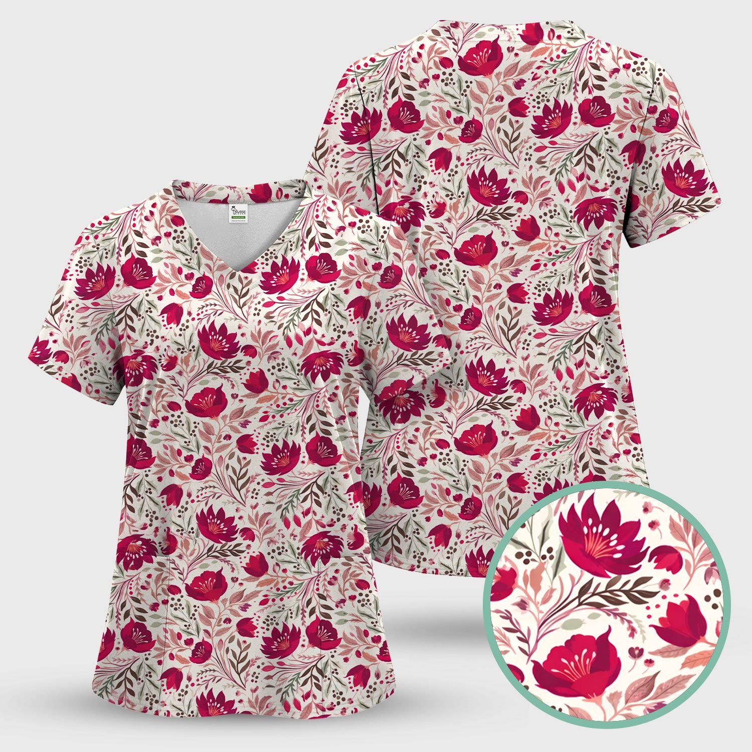 Elegant Floral Botanical Pattern Scrub Set, Women's Scrub Sets