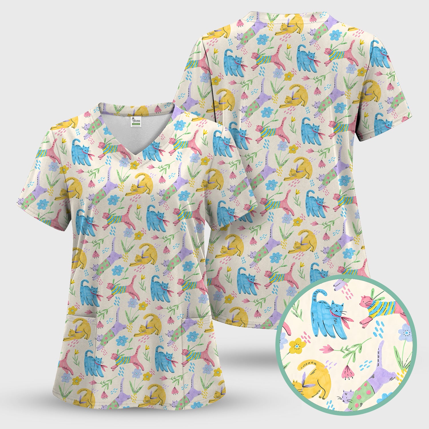 Cute Colorful Cat Floral Pattern Scrub Set, Scrub Pants and V Neck Top