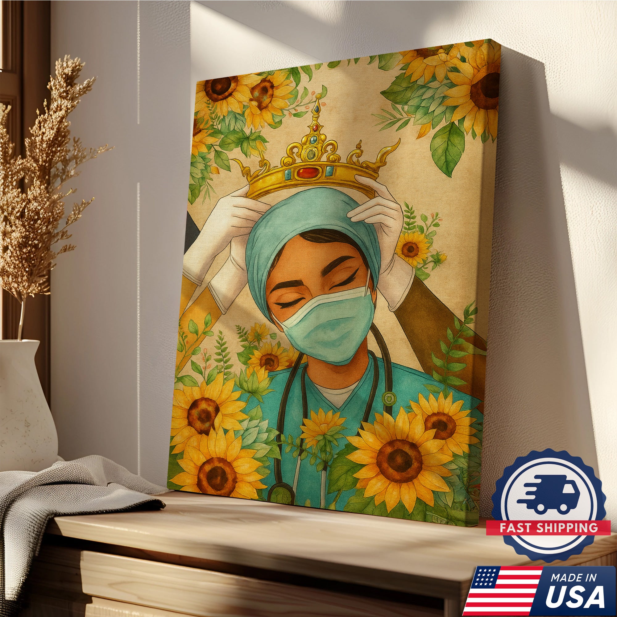 Nurse Crown Canvas Wall Art, Inspirational Healthcare Worker Gift, Sunflower Medical Office Home Decor