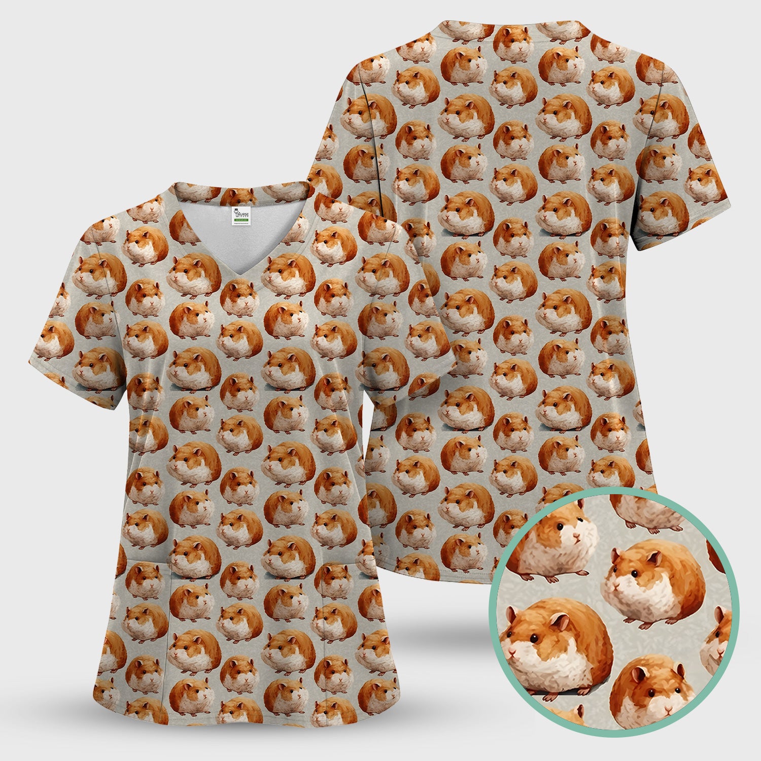 Cute Hamster Pattern Nurse Scrub Set, Scrub Pants and V Neck Top