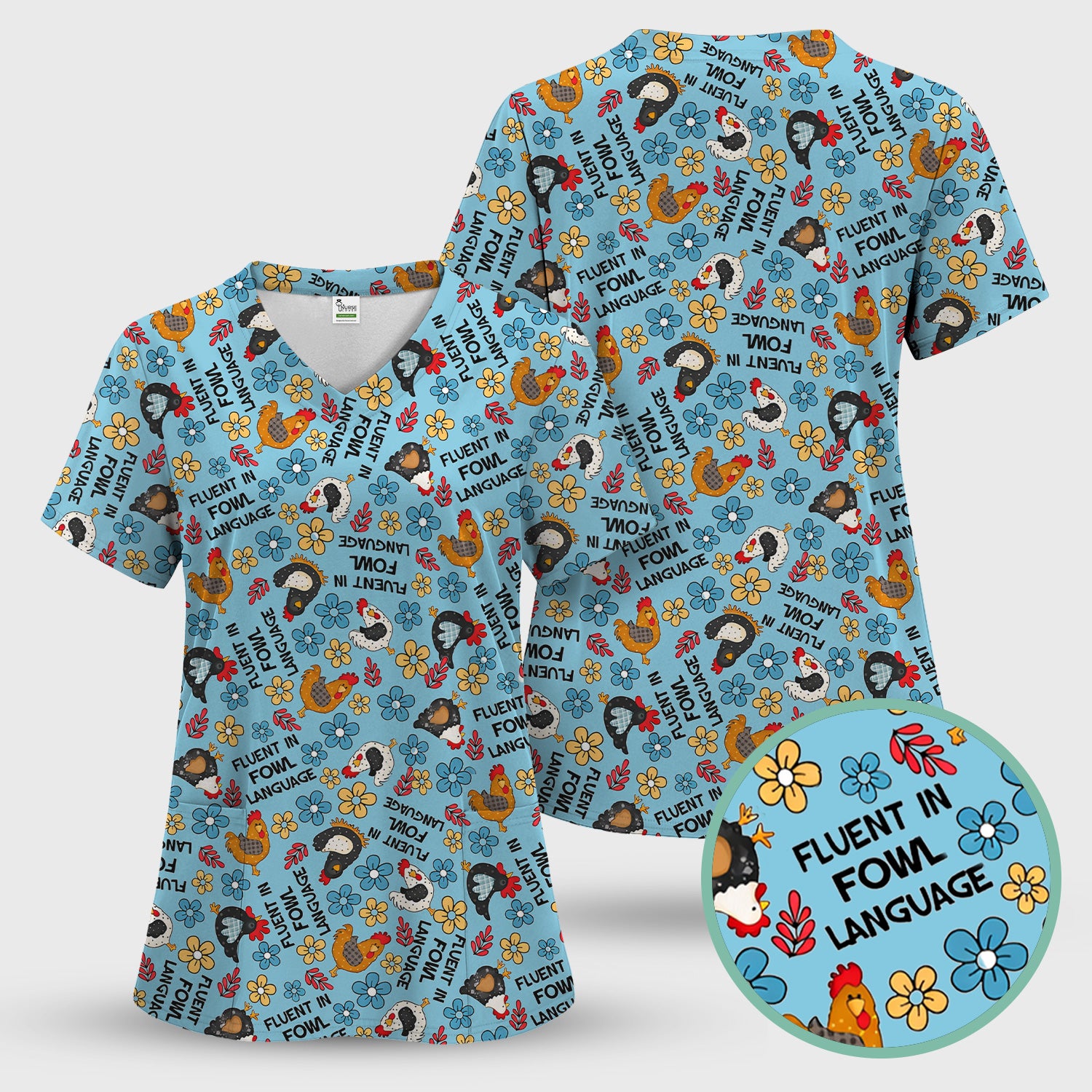 Funny Chicken Fluent in Fowl Language Pattern Scrub Top, Comfortable Scrubs for Nurses