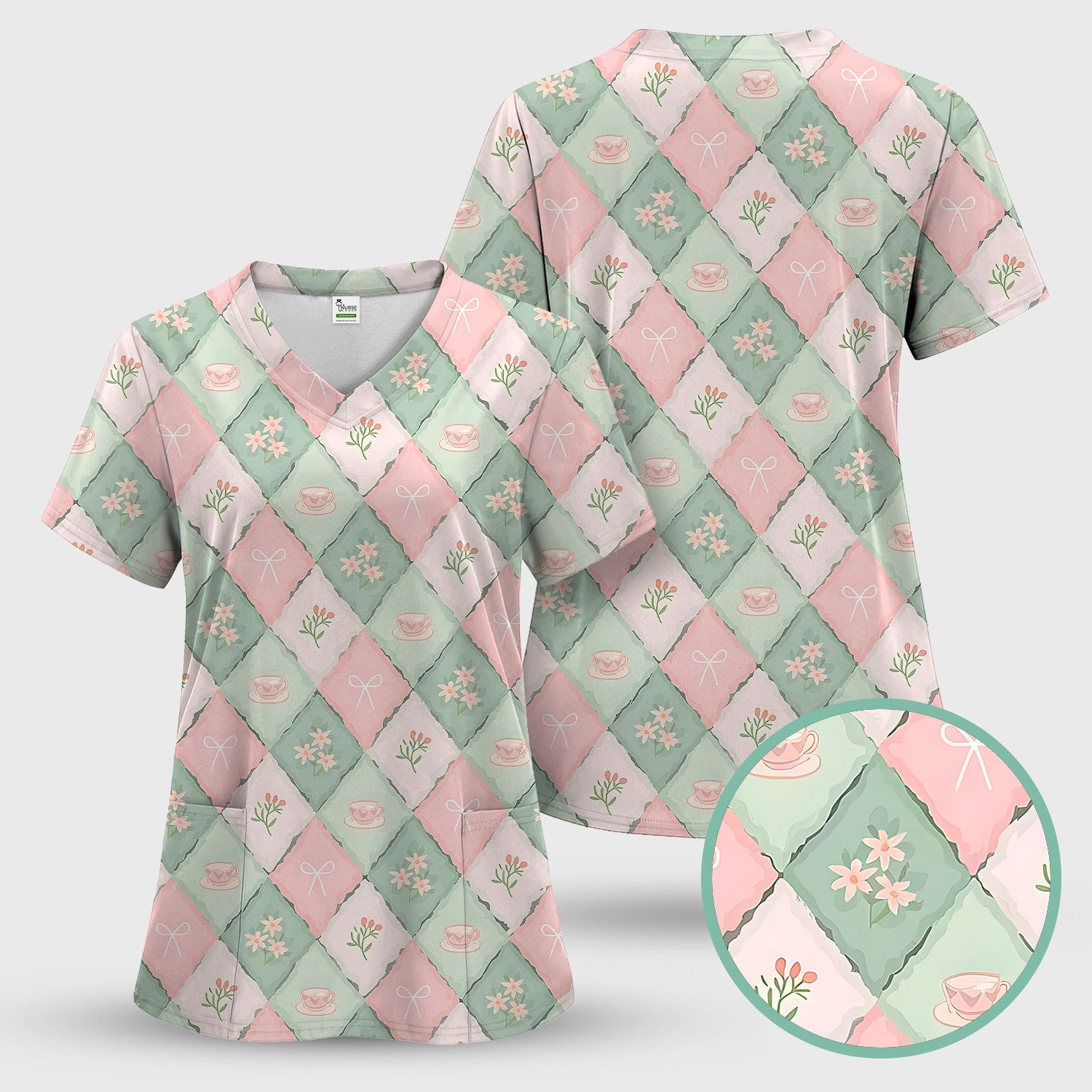 Flowers Tea Cups Pattern Scrubs Top, Comfortable Scrubs for Nurses
