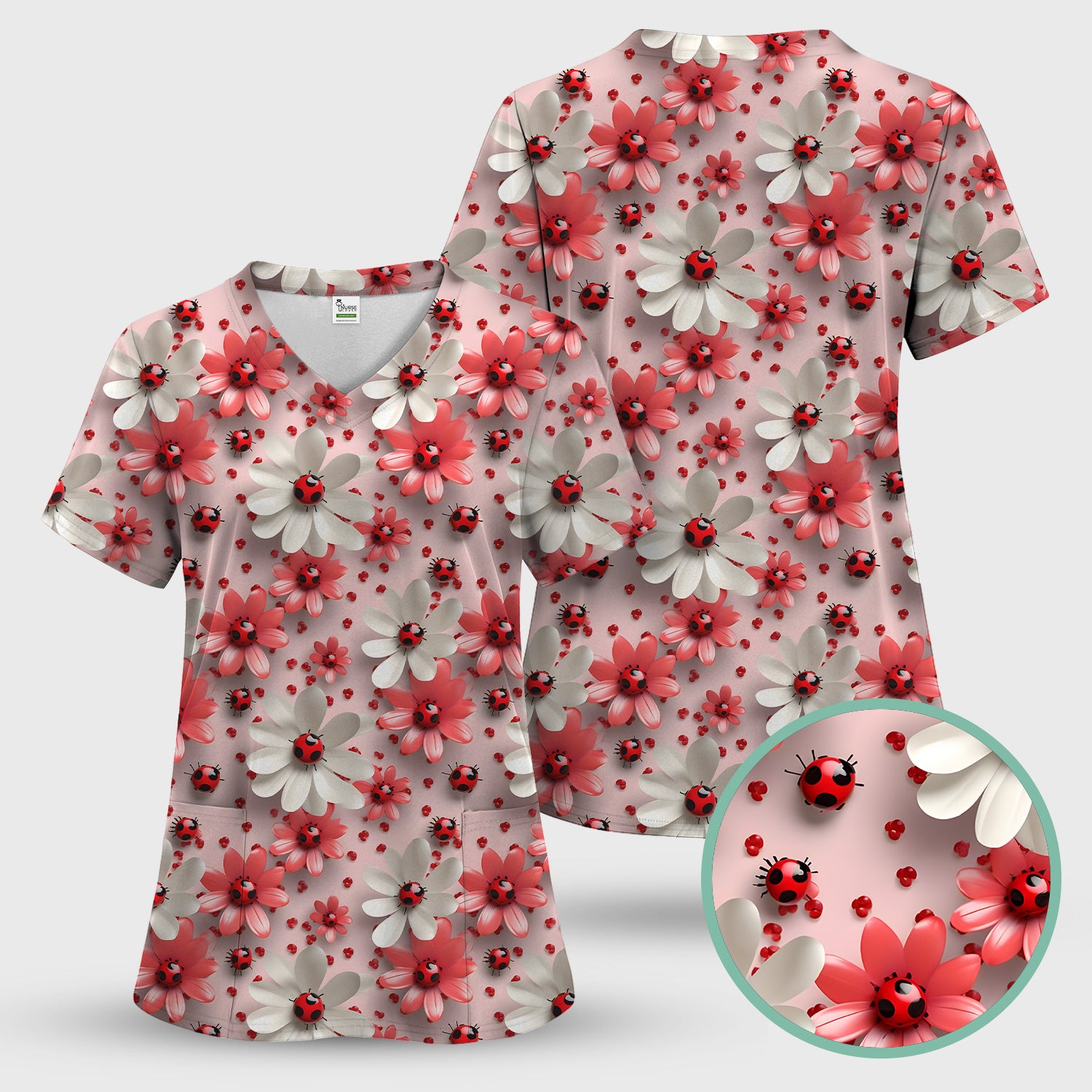 Red Ladybug Flower Pattern Scrub Top, Cute Spring Floral Nursing Uniform for Women