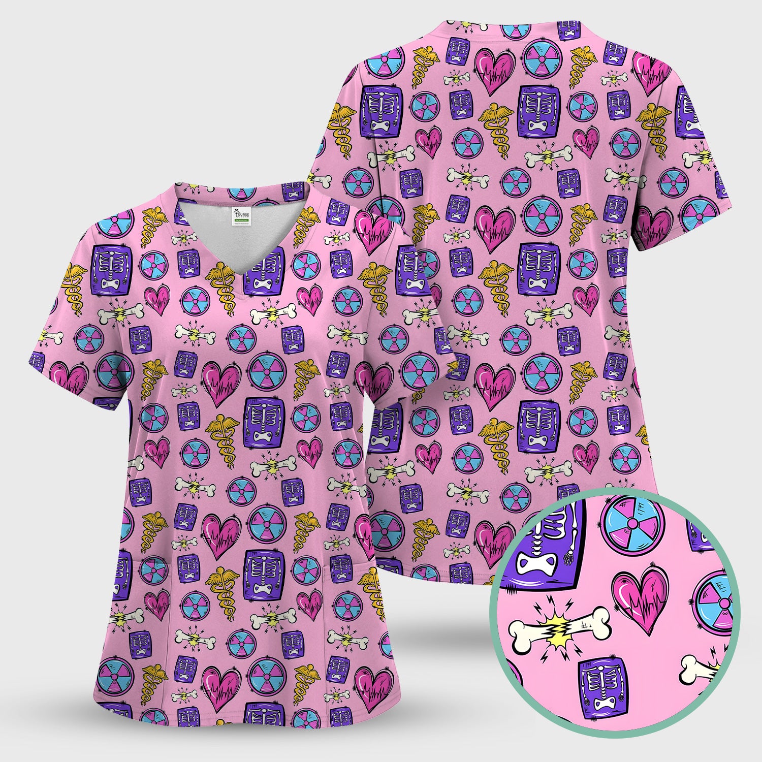 Sassy Nurse Heart Bone Caduceus Xray Icon Print Scrub Set, Scrub Pants and V Neck Top