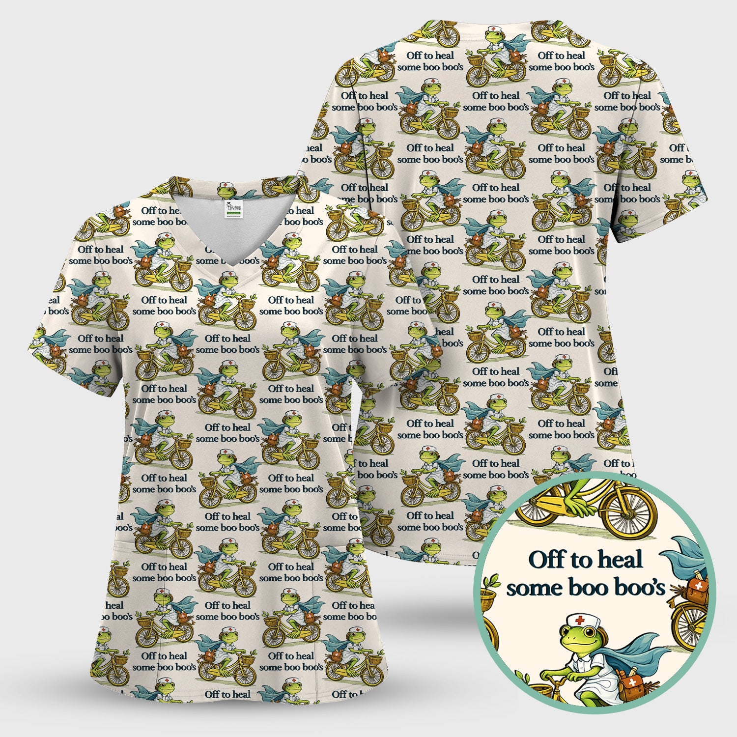 Funny Frog Nurse Cycling Pattern Scrub Top, Comfortable Scrubs for Nurses