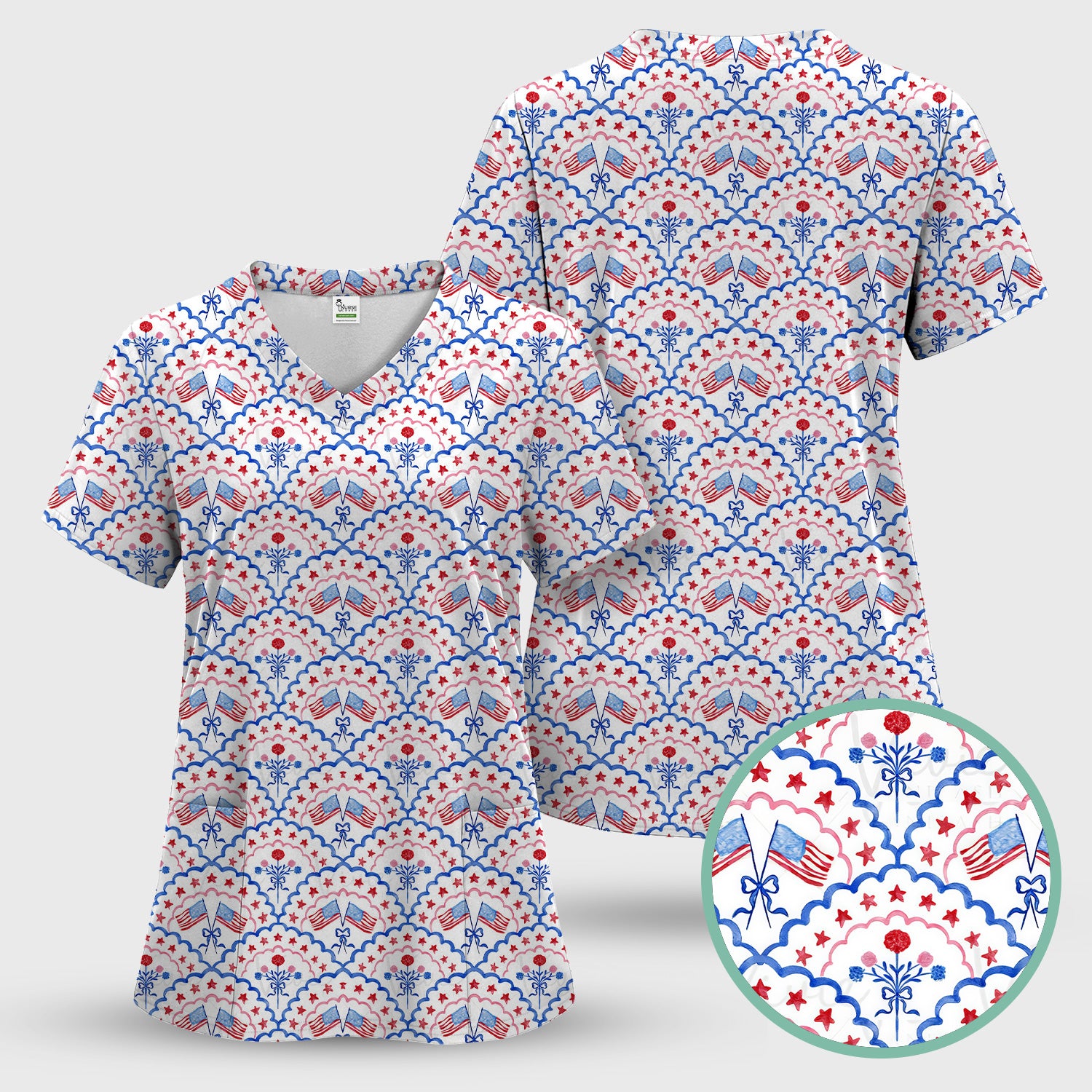 Patriotic Scallop Star Flag Floral Pattern Scrub Set, Scrub Pants and V Neck Top