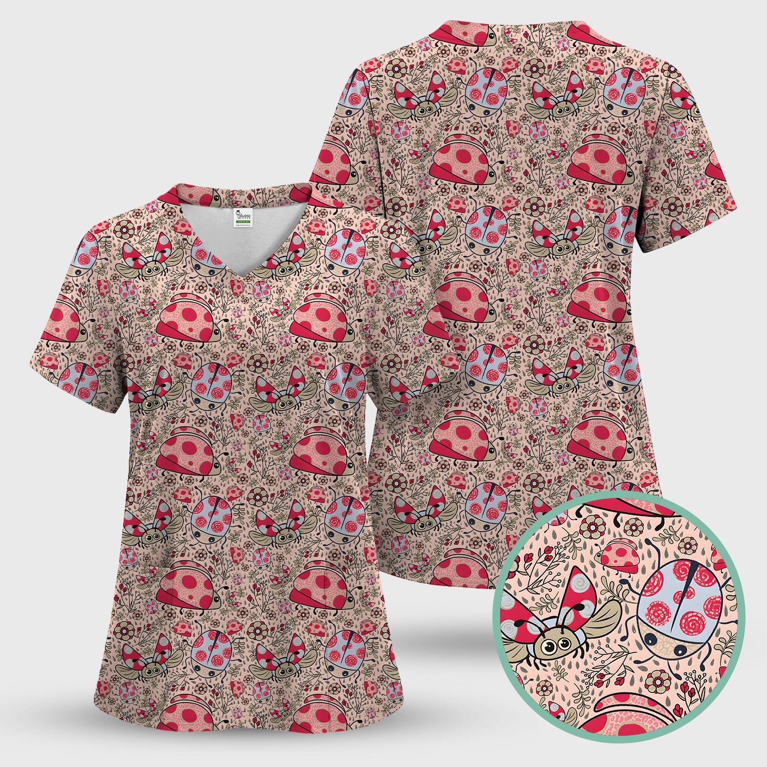 Cute Ladybug Rain Garden Pattern Scrub Top, Breathable Fabrics Nursing Uniform