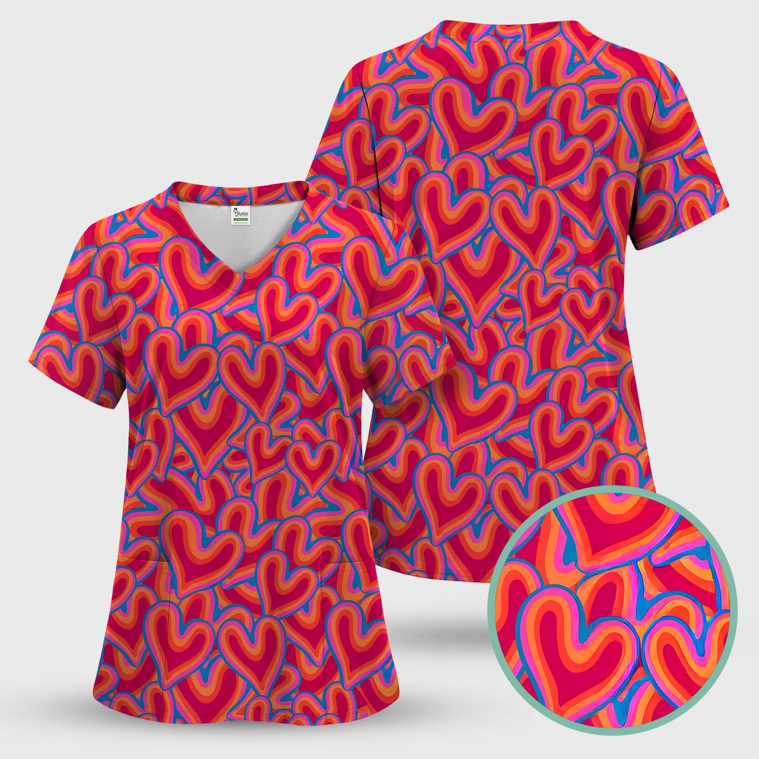 Cute Valentine Nurse Heart Pattern Scrub Top, Comfortable Scrubs For Nurses