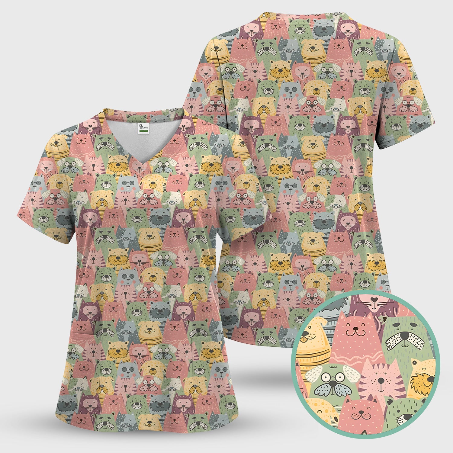 Cartoon Cat & Dog Faces Pattern Scrub Top, Comfortable Scrubs for Nurses