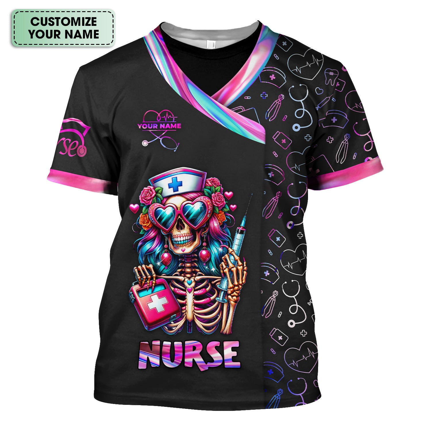 Personalized Funny Skeleton Nurse Scrub Top - Heart Sunglasses & Syringe Design - Custom Name Medical Gift for RN LPN CNA