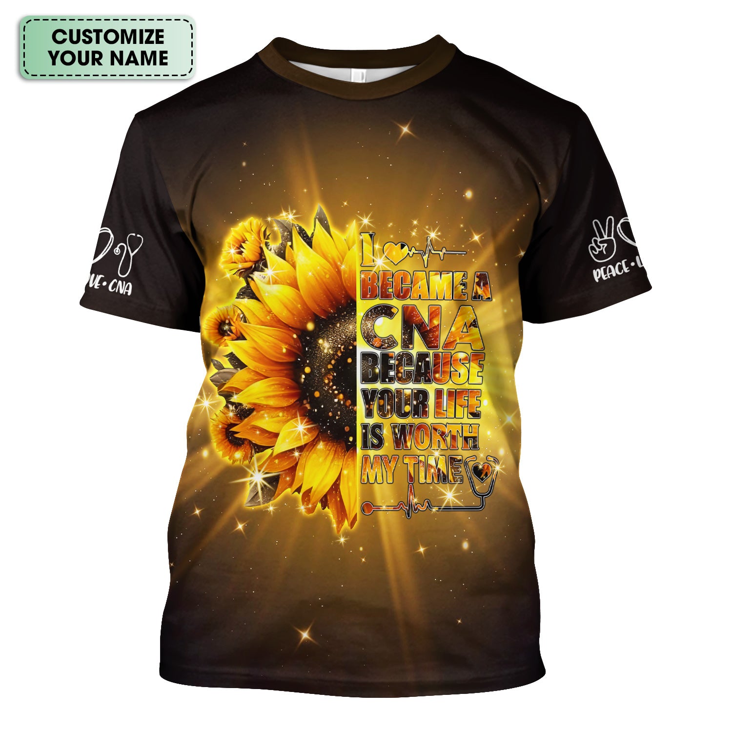 Personalized CNA Sunflower Scrub Top - Your Life Is Worth My Time Design - Gift for RN LPN Healthcare Workers