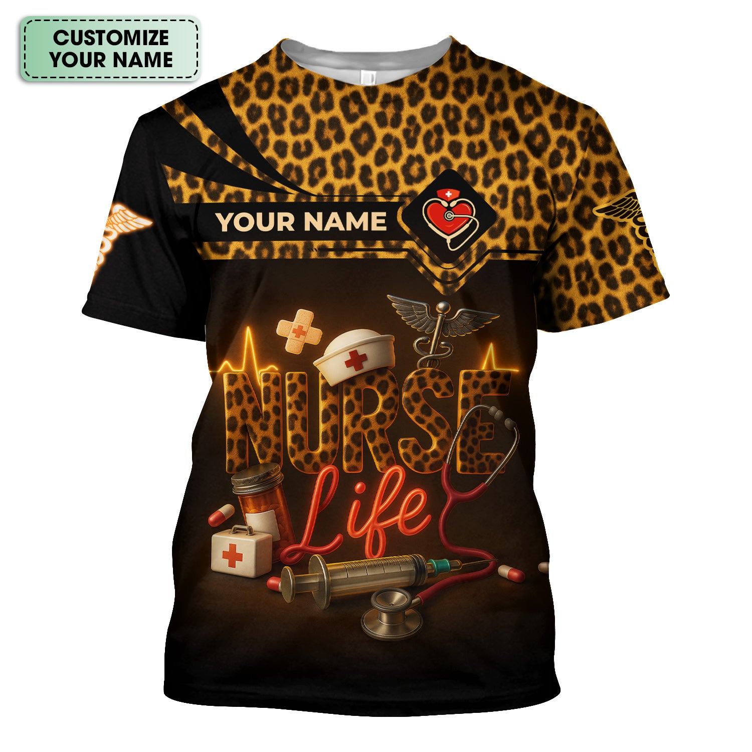 Personalized Nurse Scrub Top for Women - Cheetah Pattern with Stethoscope & Syringe Design - Custom Name Gift for RN, CNA, LPN