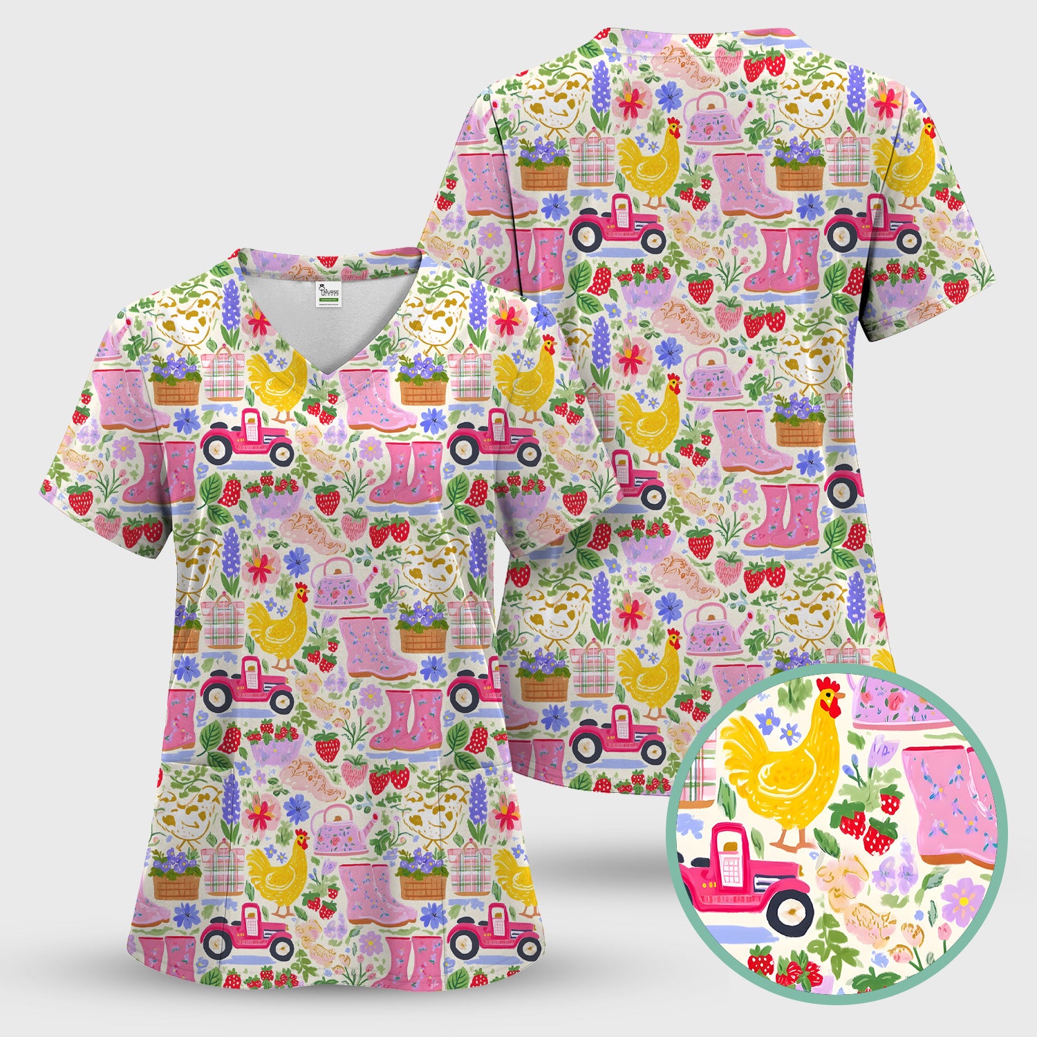 Cute Farm Garden Chicken Pattern Scrub Set, Scrub Pants and V Neck Top