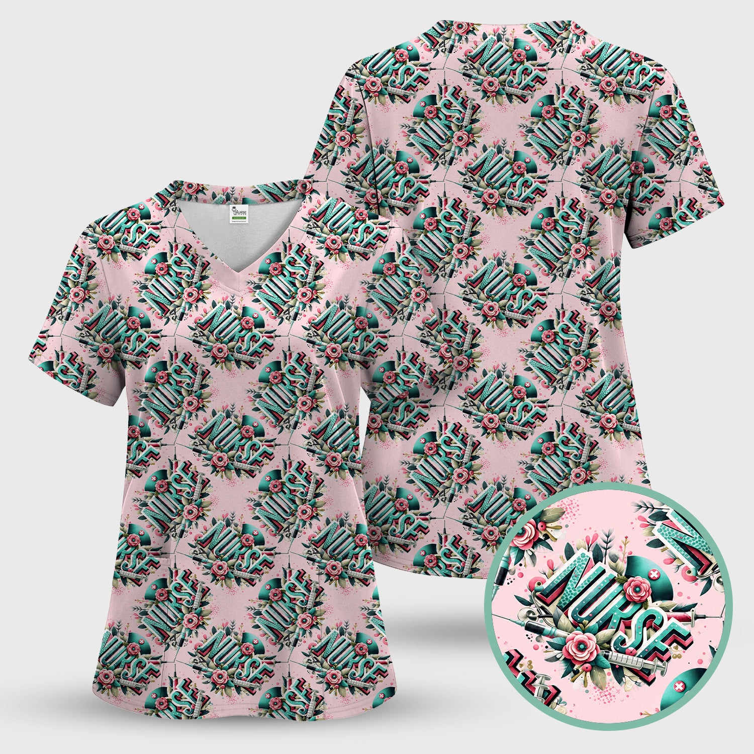 Cute Nurse Typography Floral Medical Pattern Scrub Set, Scrub Pants and V Neck Top