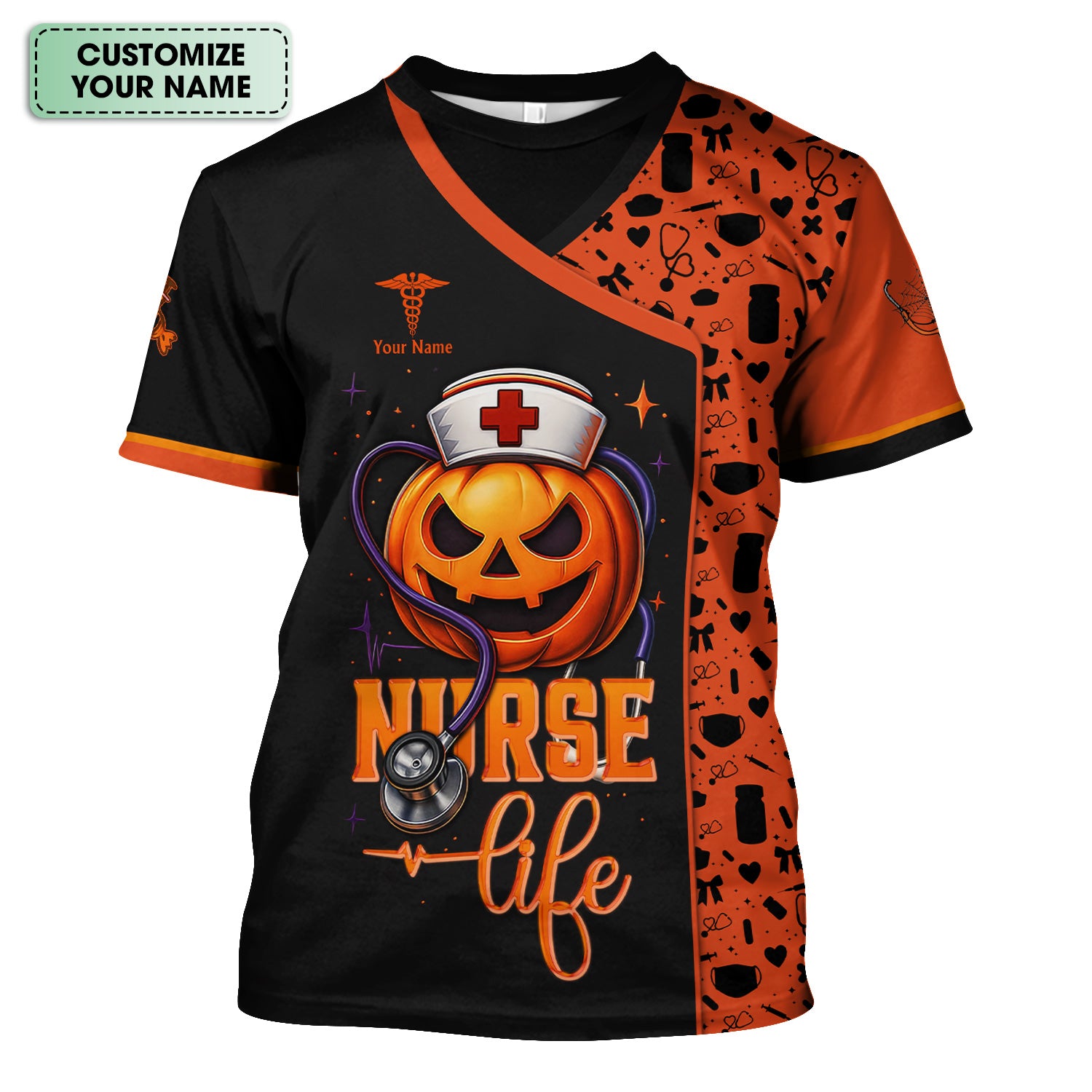 Custom Halloween Nurse Scrub Top with Pain Scale - Personalized Medical Uniform for RN CNA LPN - Gift for Medical Professionals