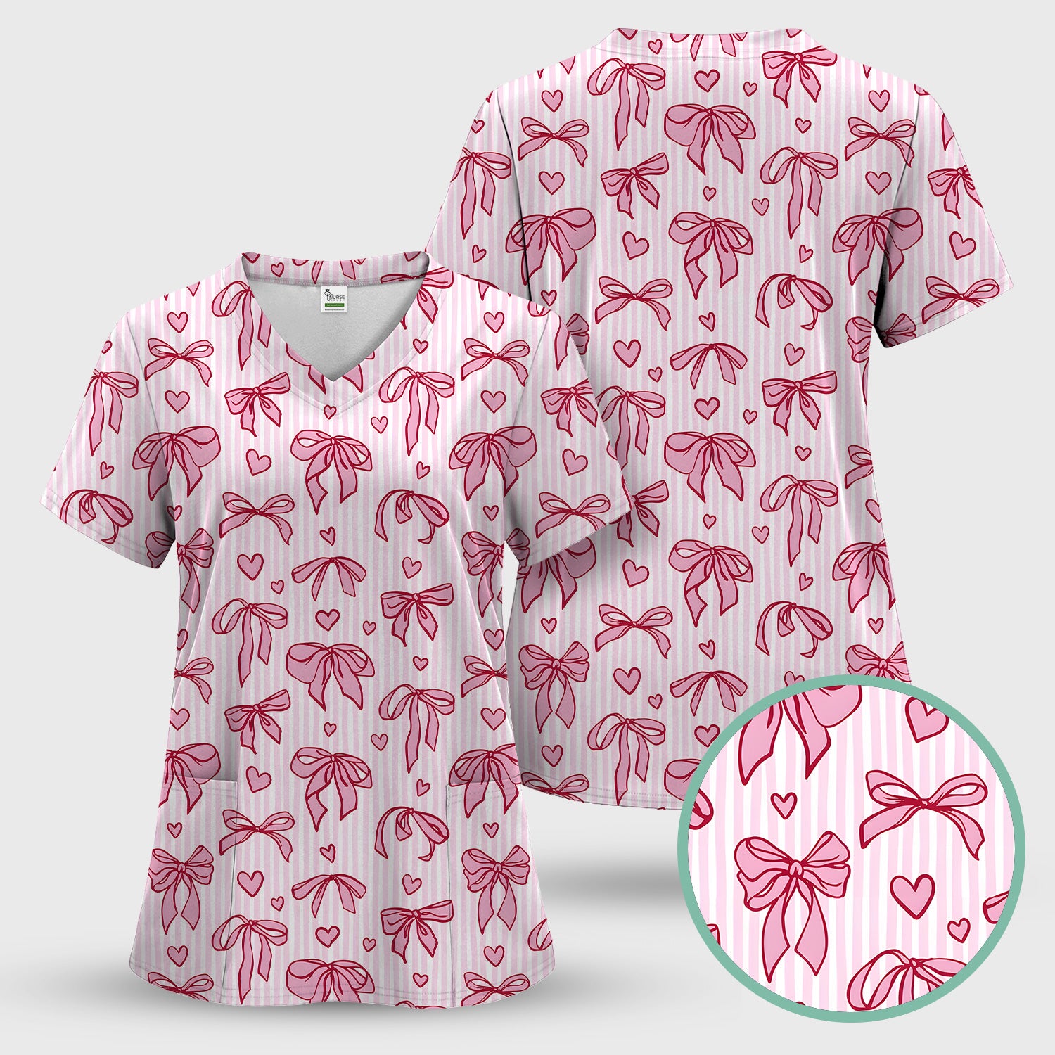 Pink Bow Heart Stripe Pattern Scrub Set, Scrub Pants and V Neck Top