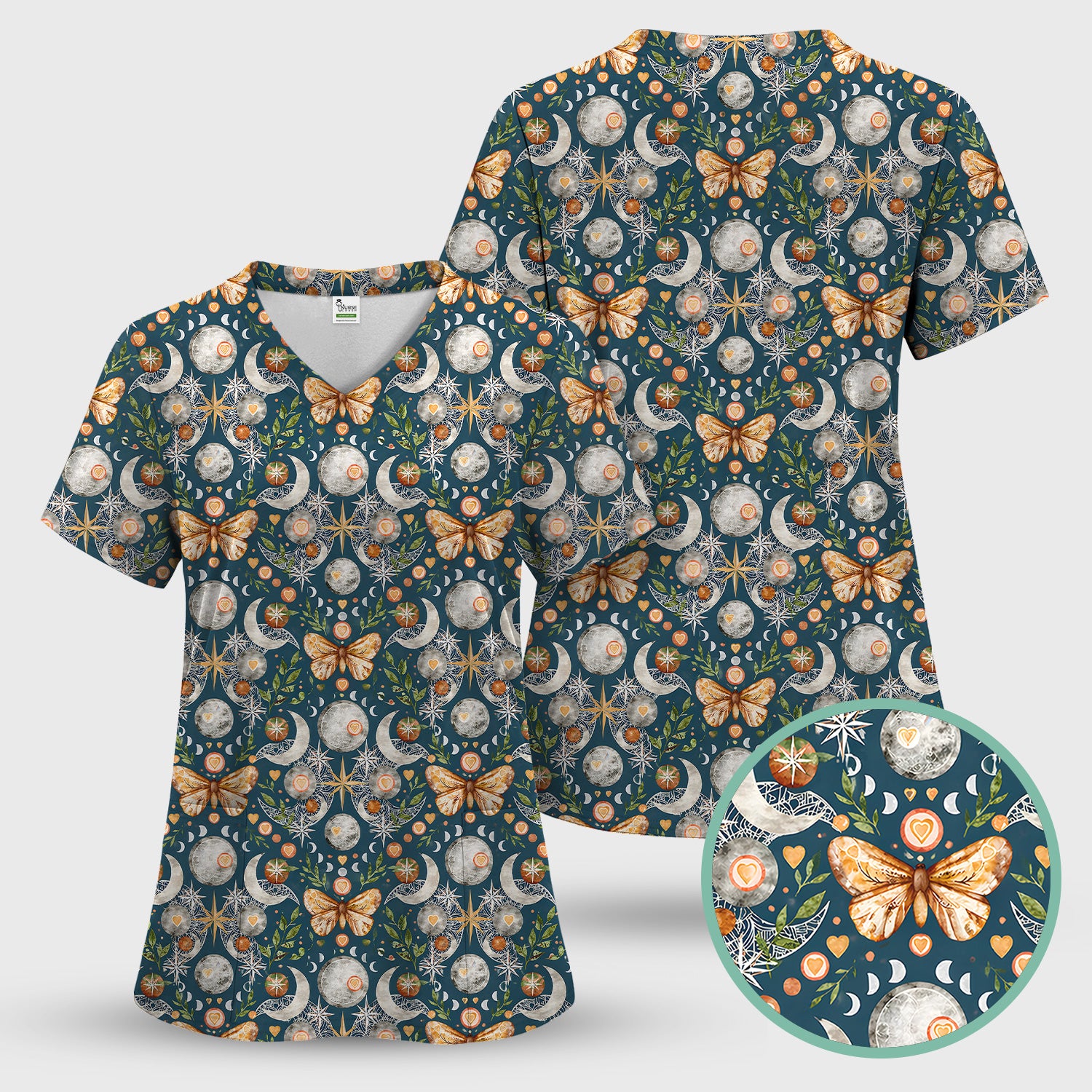 Celestial Butterfly Moonlight Pattern Scrub Top, Comfortable Scrubs for Nurses