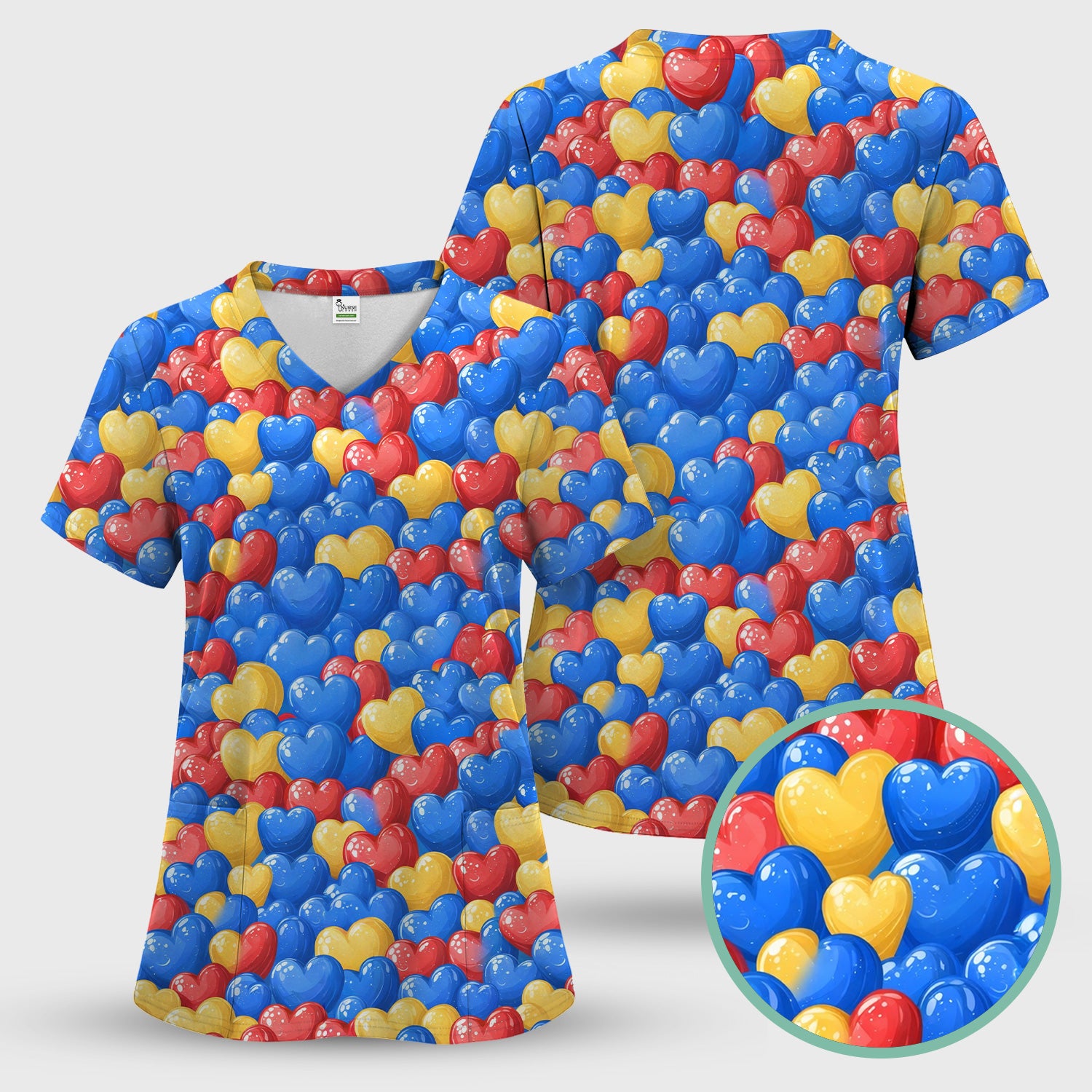 Colorful Autism Heart Pattern Scrub Set, Scrub Pants and V Neck Top