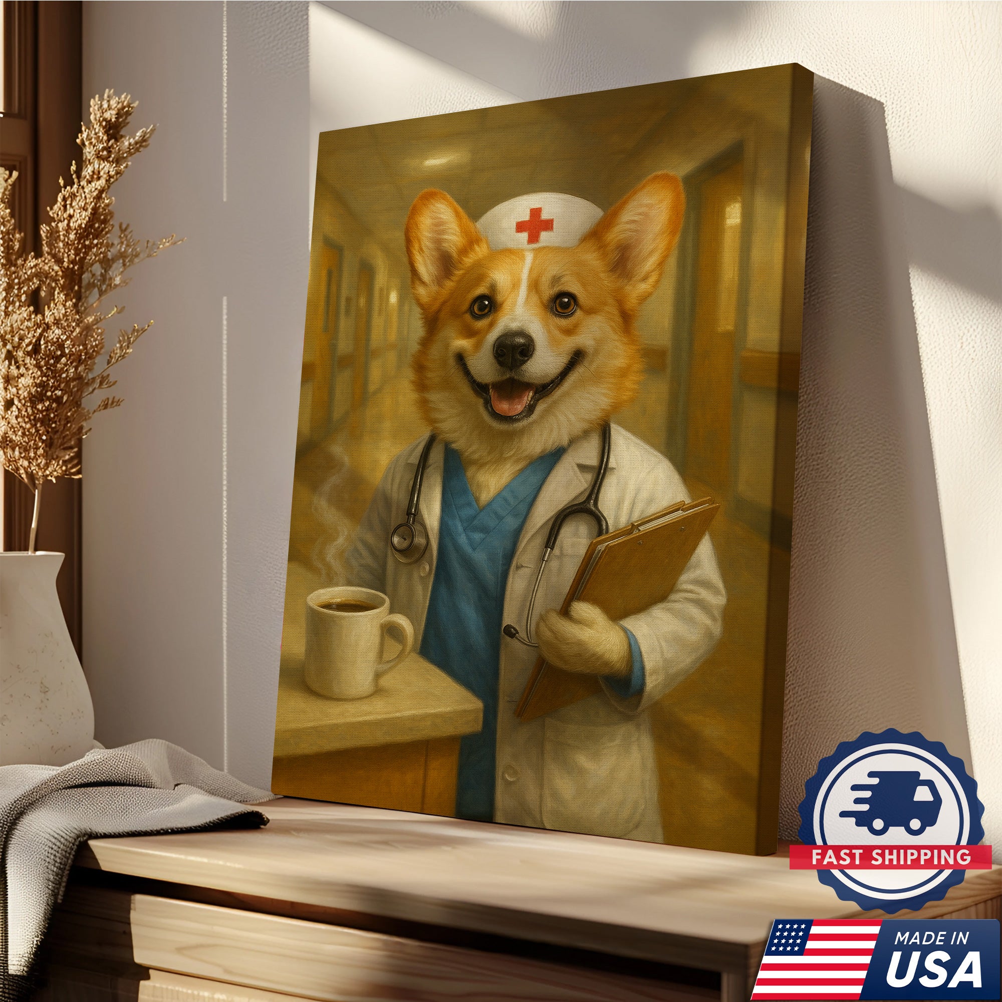 Funny Corgi Nurse Canvas, Cute Nurse Poster Wall Art For Clinic, Nursing Gift For RN, Corgi Nurse Poster