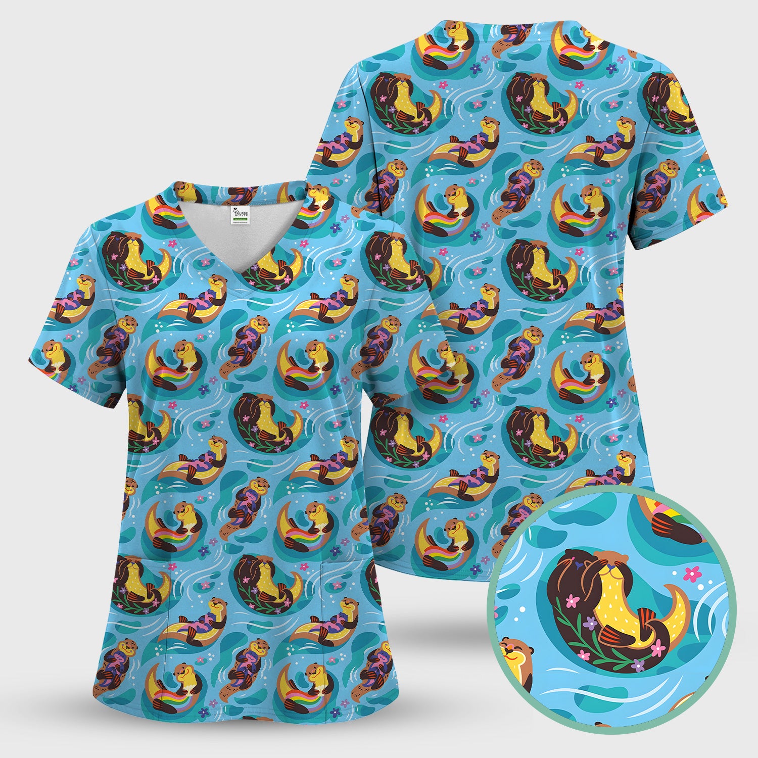 Otter Floating River Rainbow Pattern Scrub Top, Comfortable Scrubs for Nurses