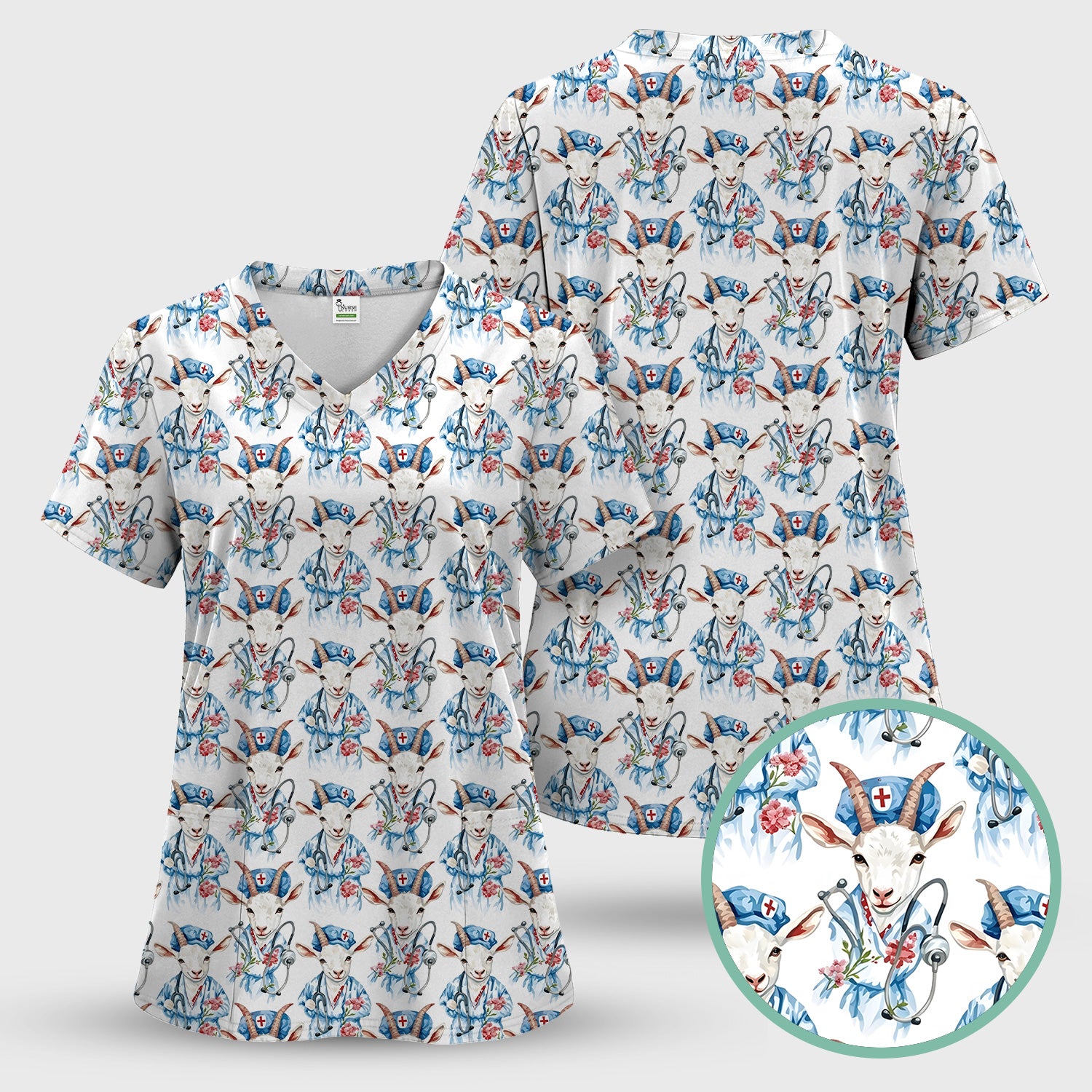 Cute Goat Animal Lover Pattern Scrub Top, Comfortable Scrubs for Nurses