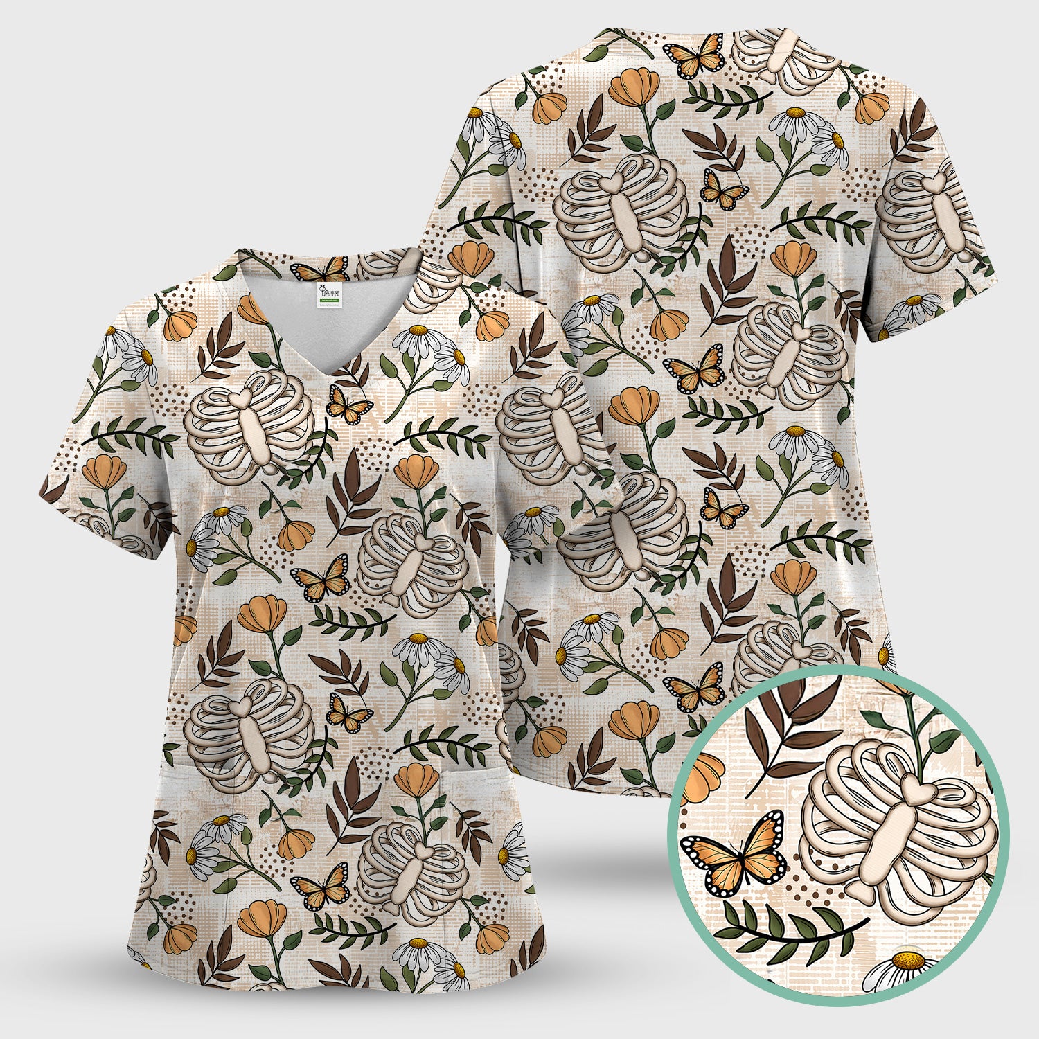 Skeleton Ribcage With Daisy And Butterfly Floral Scrub Top, Breathable Fabrics Nursing Uniform