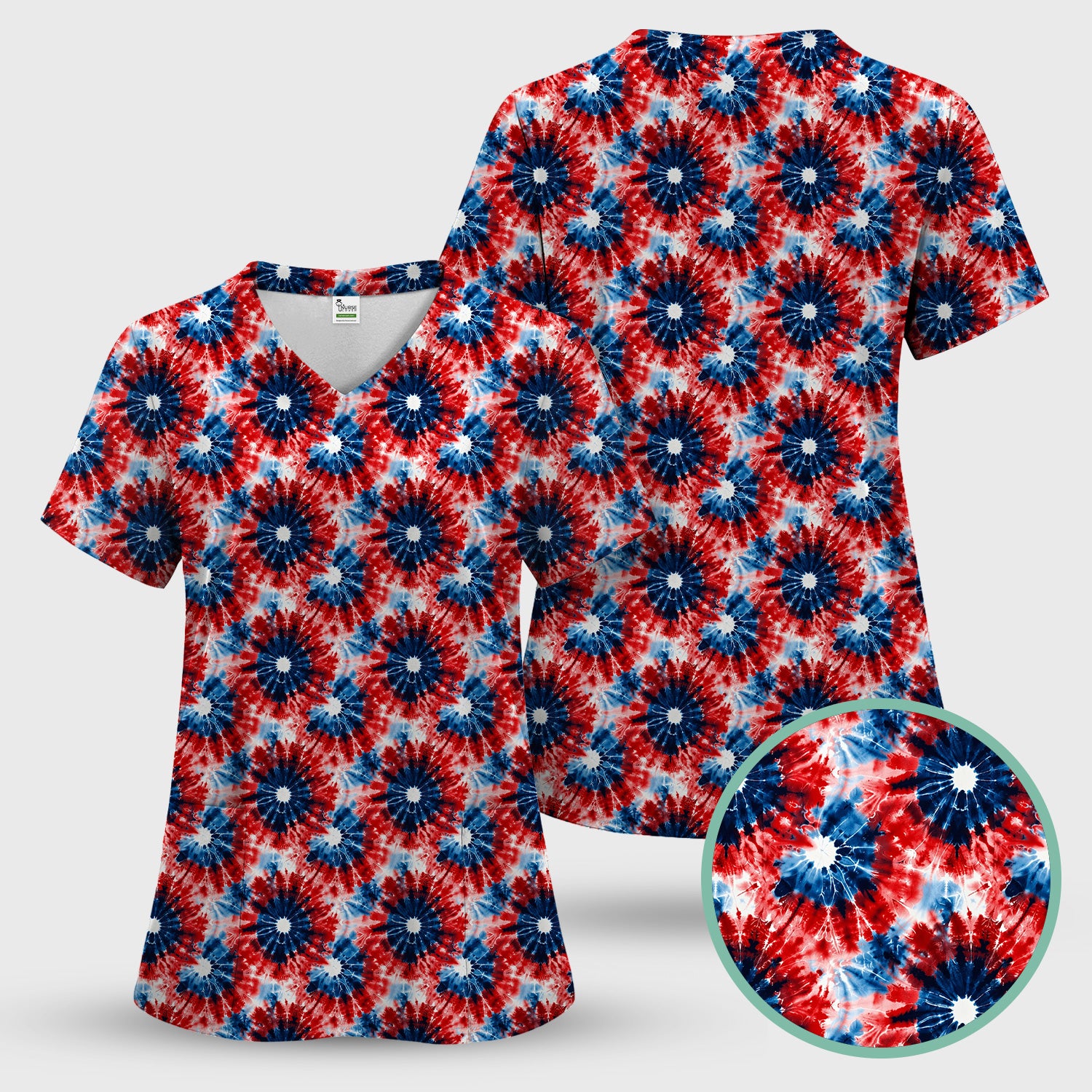 Festive Nurse Tie Dye Firework Burst Pattern Scrub Set, Scrub Pants and V Neck Top
