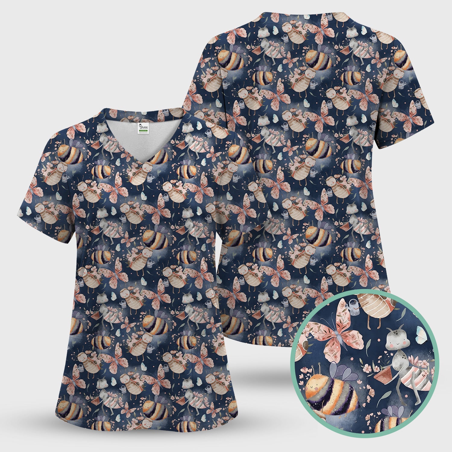 Cute Whimsical Bee Fairy Garden Pattern Scrub Set, Scrub Pants and V Neck Top