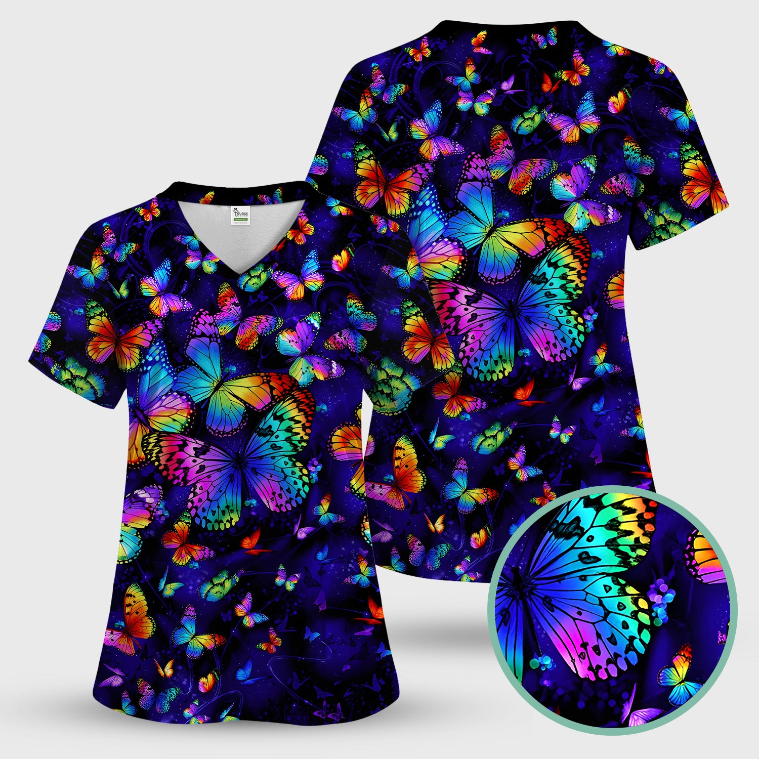 Vibrant Rainbow Butterfly Galaxy Pattern Scrub Set, Scrub Pants and V Neck Top
