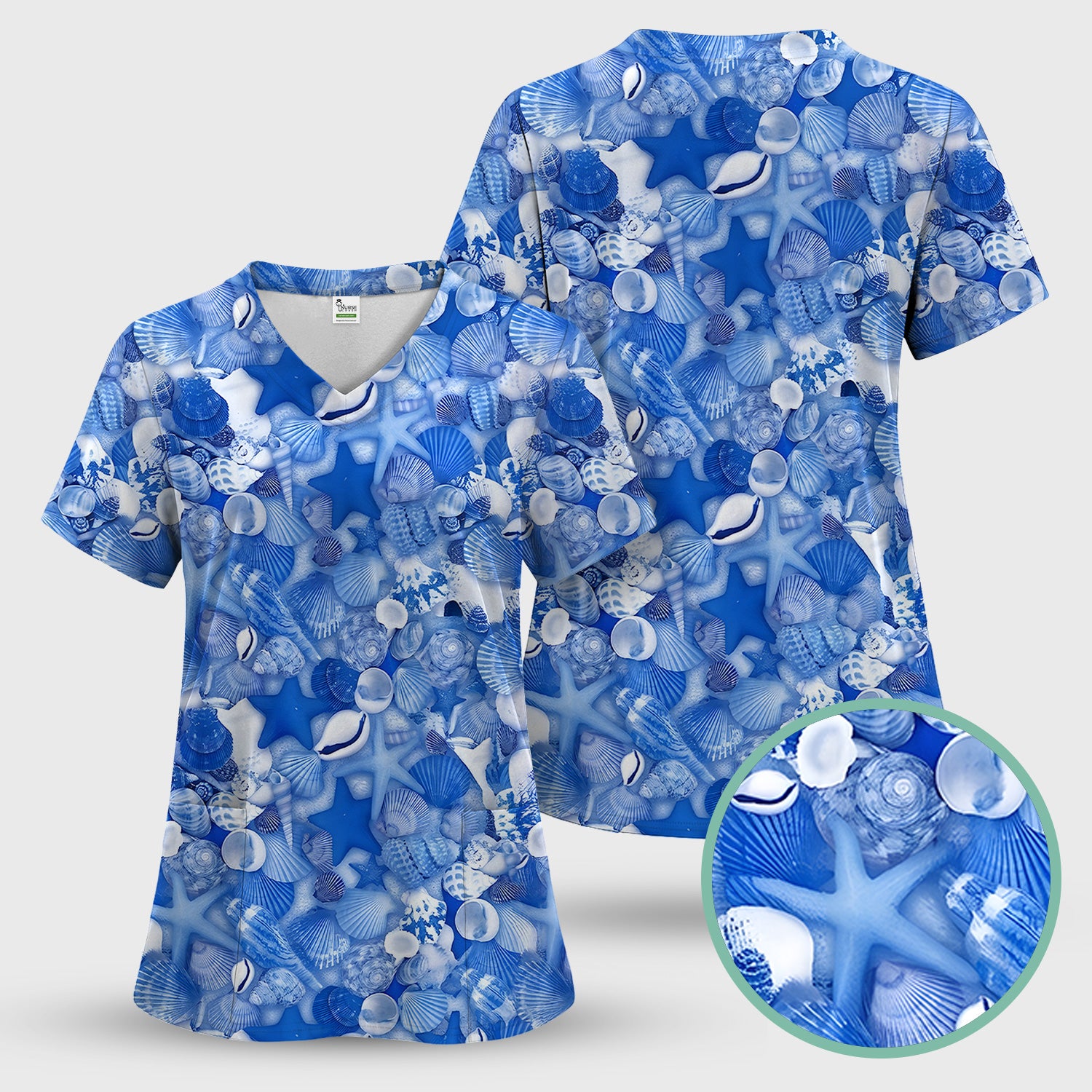Blue Seashell Starfish Ocean Pattern Scrub Top, Comfortable Scrubs for Nurses