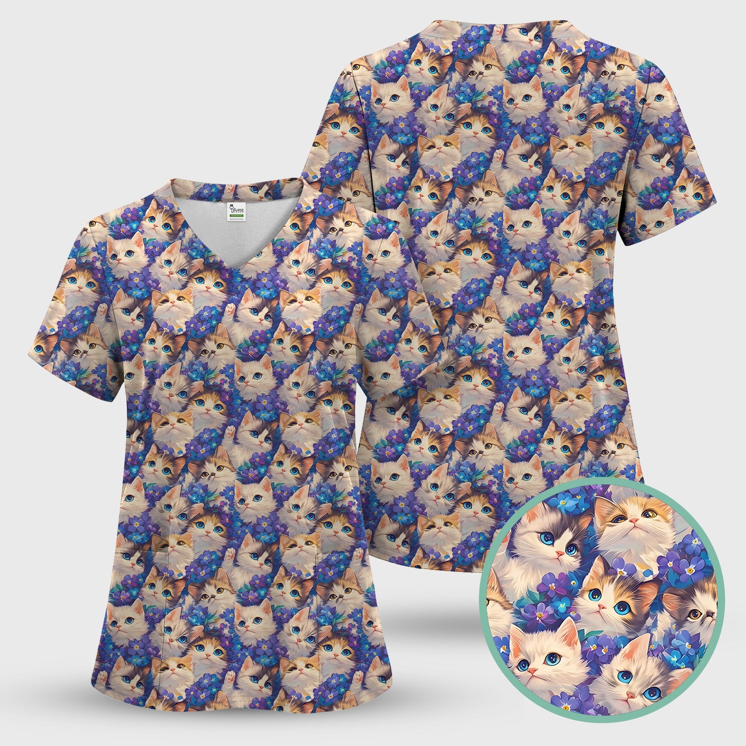 Cute Blue Eyed Kitten Pattern Scrub Top, Comfortable Scrubs for Nurses