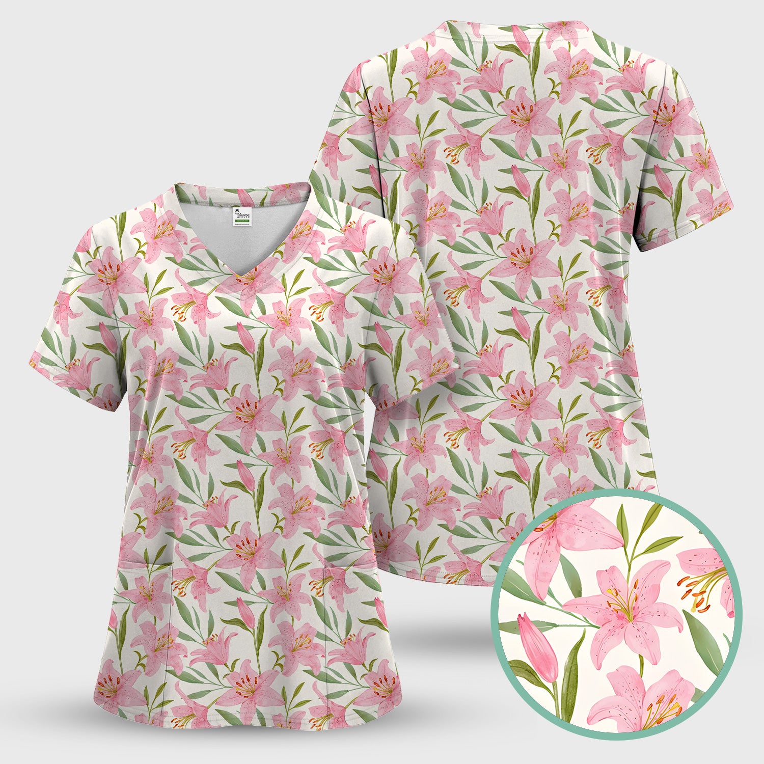 Cute Pink Lily Floral Nurse Pattern Scrub Set, Scrub Pants and V Neck Top