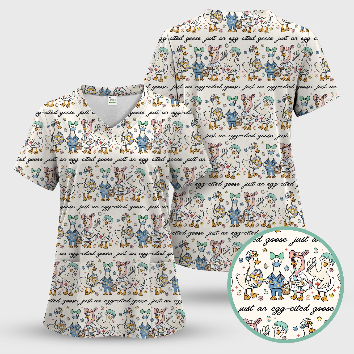 Funny Easter Nurse Goose Pattern Scrub Top, Comfortable Scrubs for Nurses