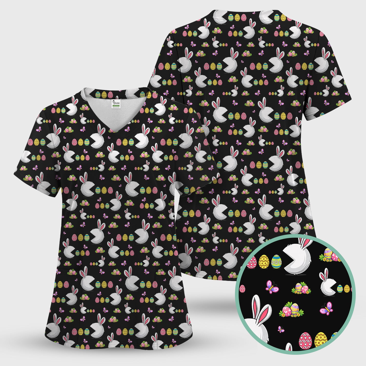 Easter Bunny and Colorful Eggs Print Scrub Top, Breathable Fabrics Nursing Uniform
