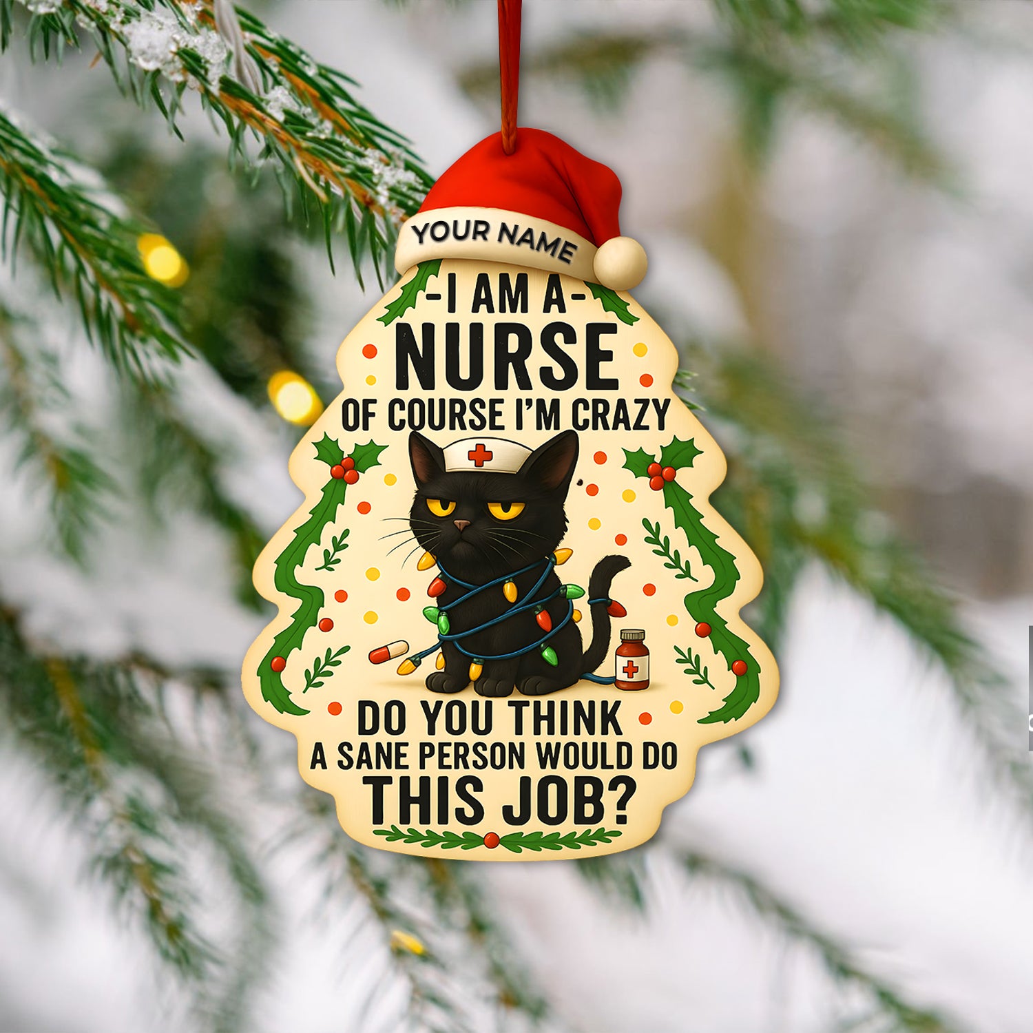 Personalized Nurse Black Cat Christmas Ornament, Holiday Decoration, Custom Name Nurse Gift for CNA RN LPN