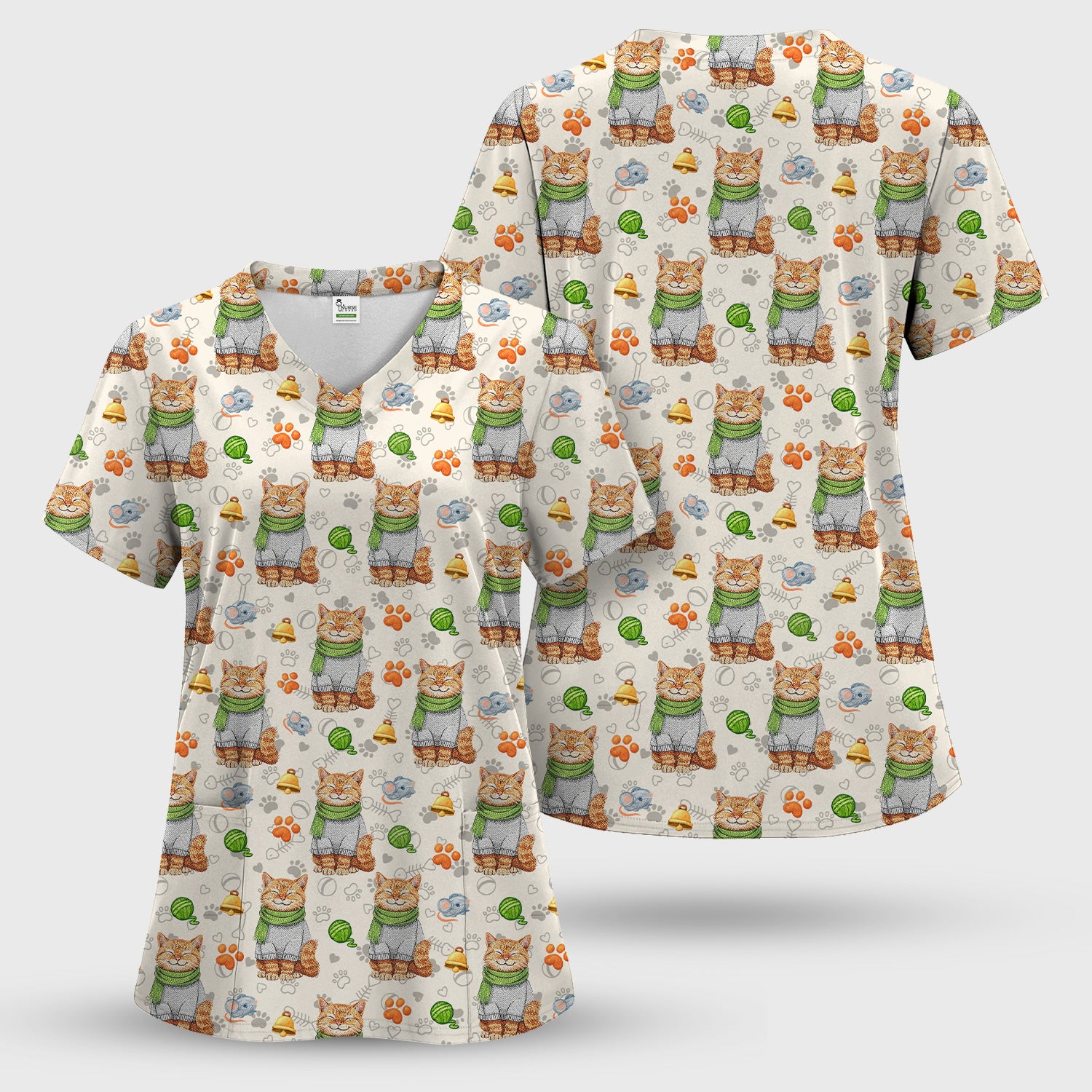 Adorable Cat Lover Nurse Scrub Top, Cute Cat Medical Pattern Shirt, Breathable Fabrics Nursing Uniform