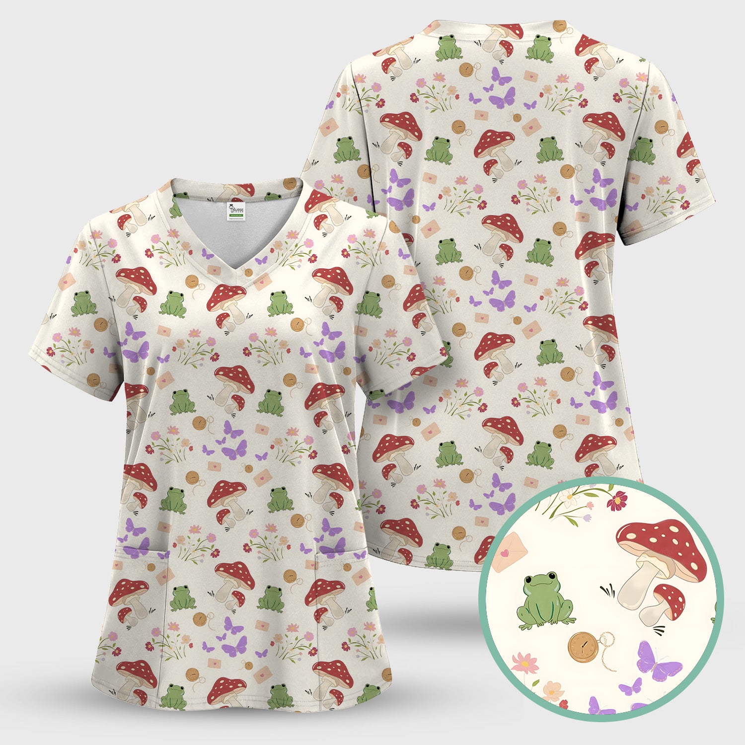 Adorable Nurse Frog and Mushroom Garden Print Scrub Set, Scrub Pants and V Neck Top