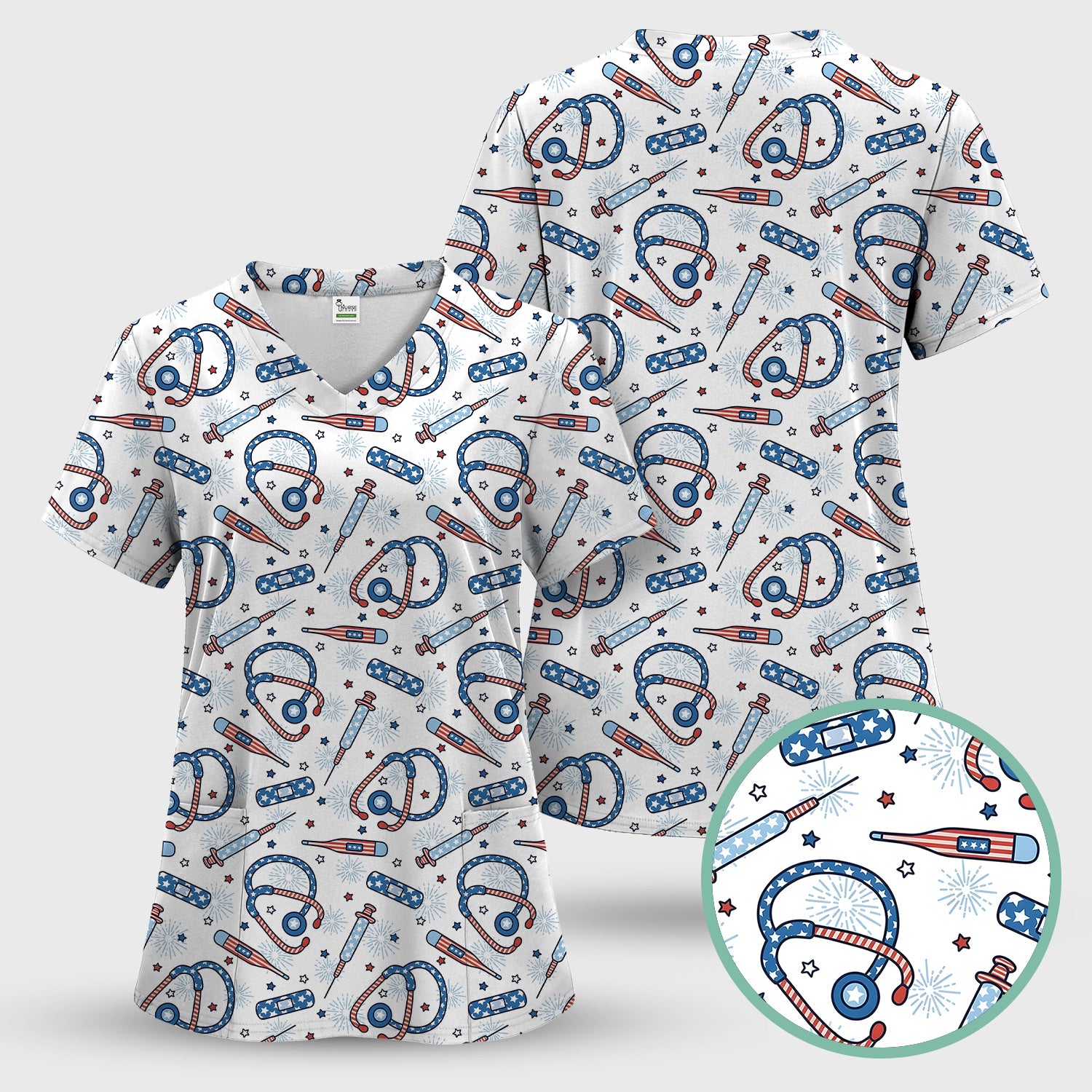 Funny Patriotic Stethoscope Bandage Nurse Pattern Scrub Set, Scrub Pants and V Neck Top