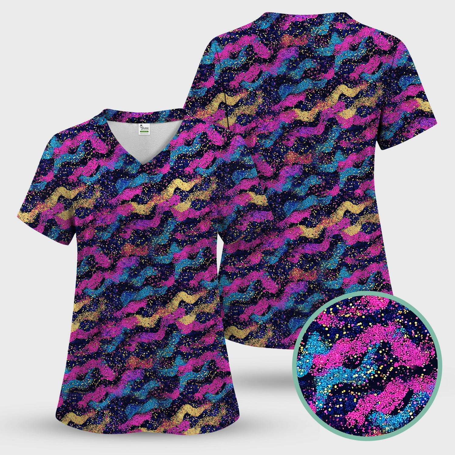 Neon Glitter Galaxy Wavy Pattern Scrub Set, Scrub Pants and V Neck Top